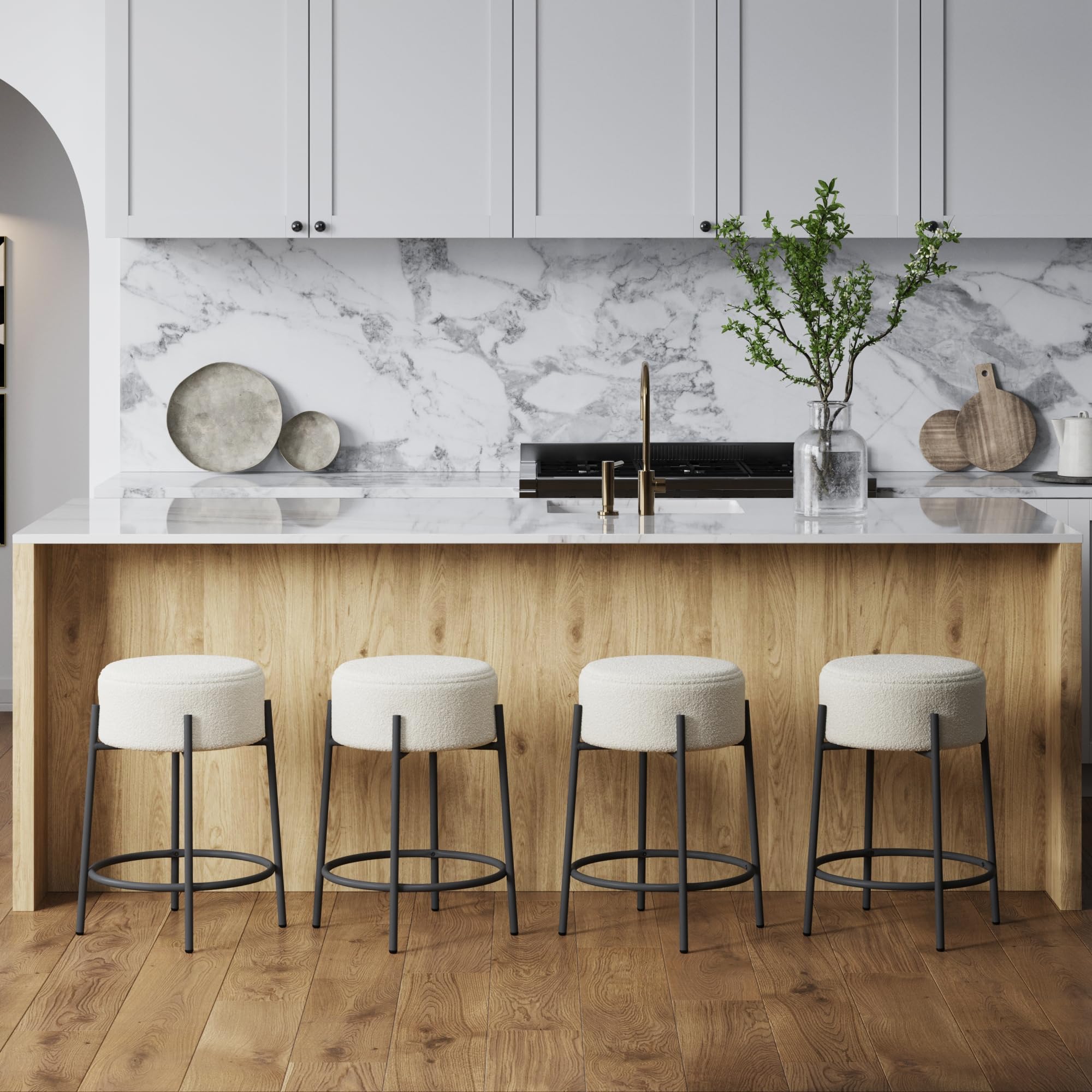 Nathan James Isaac 24 Modern Backless Bar Stool with Round Soft Padded Boucle Seat and Metal Mid-Century Base, Boucle White/Blac