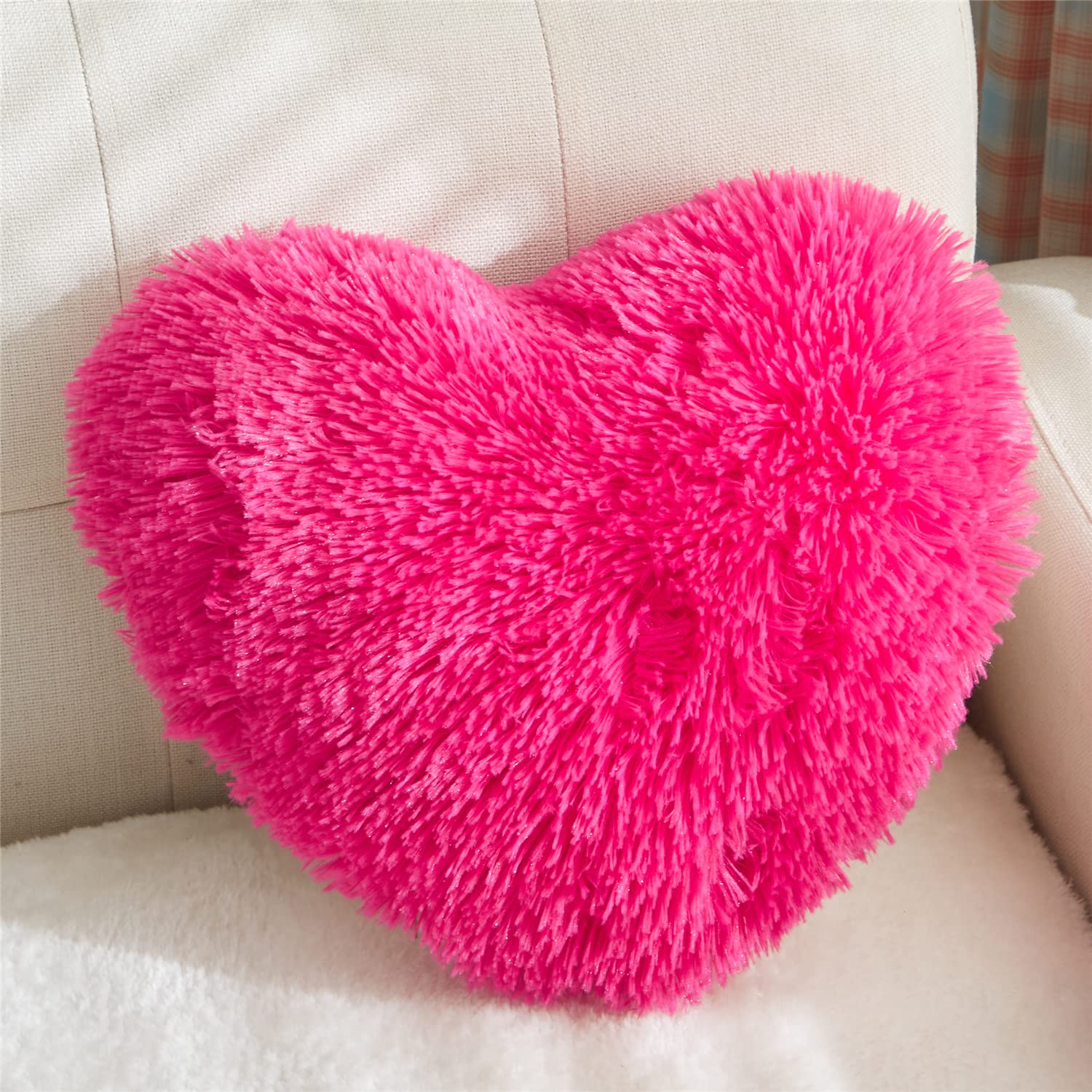 MOOWOO Fluffy Faux Fur Heart Throw Pillow for Valentines,Mothers Day,Sherpa Plush Fluffy, Solid Color, Heart Shape Pillow for G