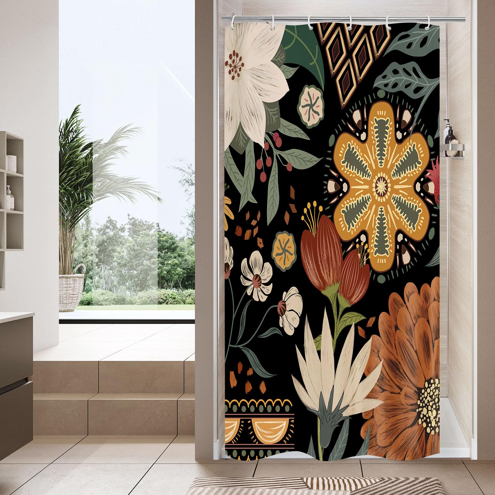 MitoVilla Small Stall Boho Shower Curtain 36 x 72, Vintage Flower Narrow Half Size Chic Shower Curtains for Modern Bathroom Deco