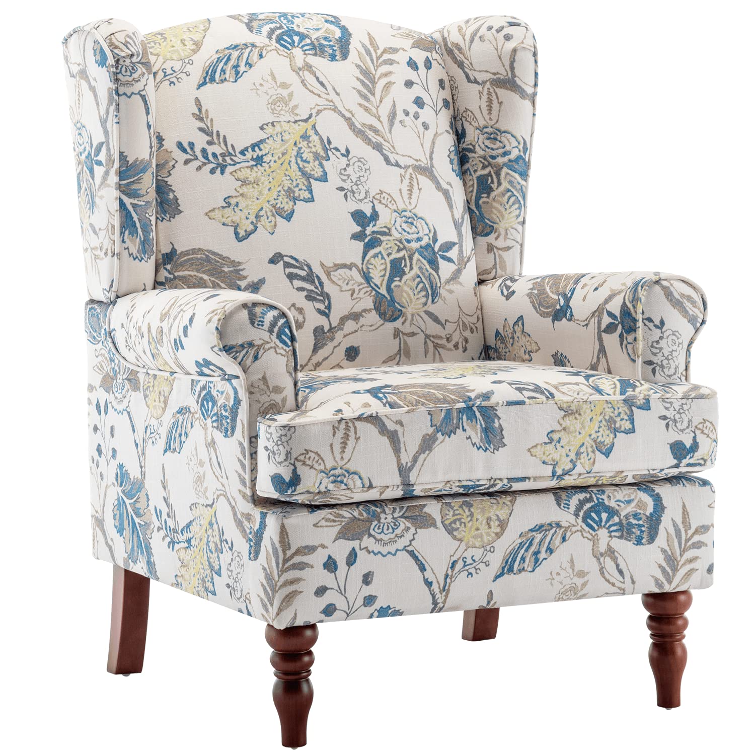 MELLCOM Floral Accent Chair, High Back Upholstered Armchair with Solid Legs, Leisure Single Sofa Chair for Living Room, Bedroom,