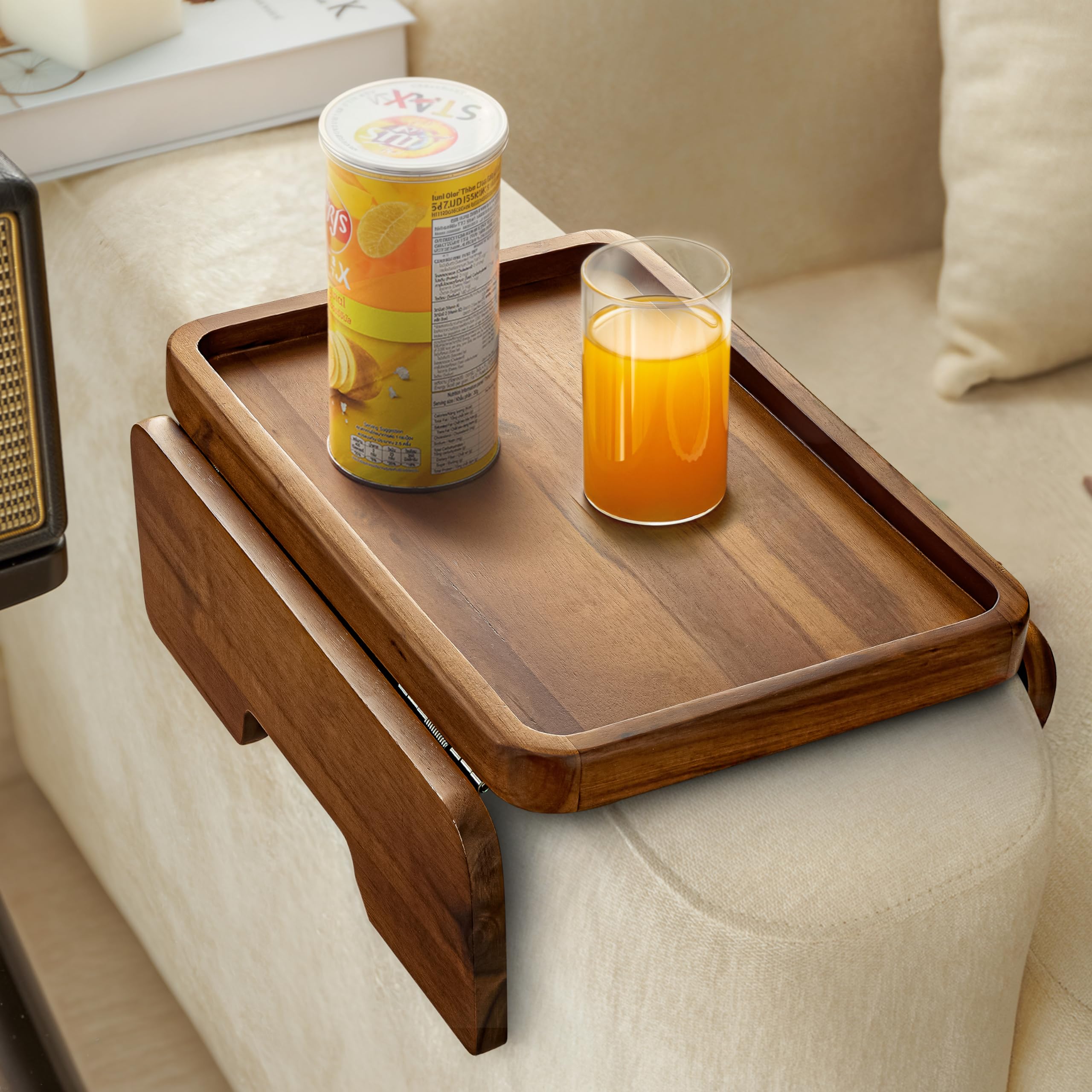 HOLANA Acacia Wood Sofa Armrest Tray -Double Hinge Sofa Arm Tray Table Clip - Couch Arm Table - Wooden Side Tables for Small Spa