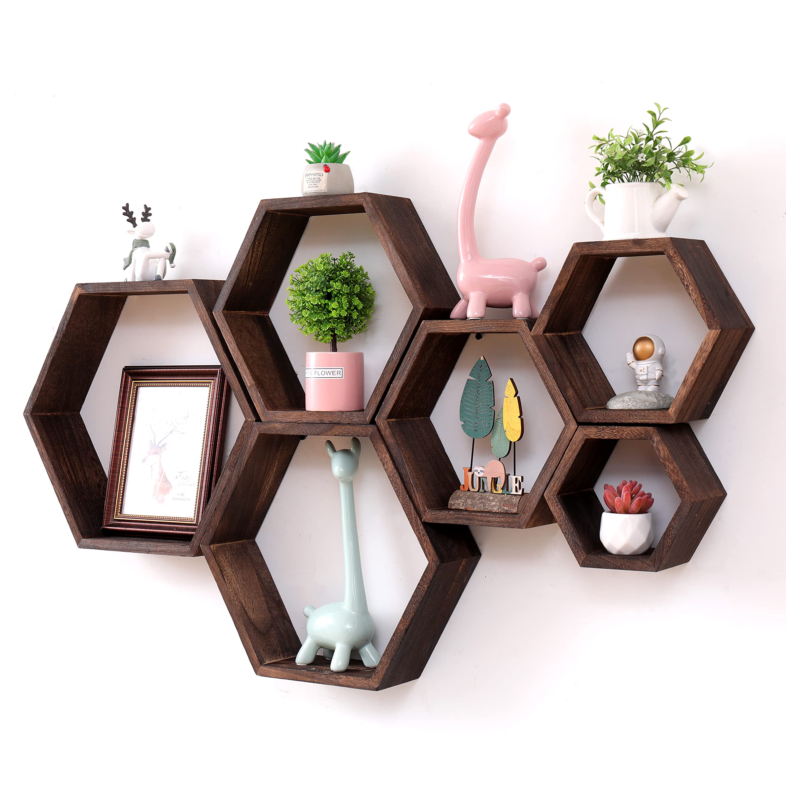 WONFUlity Hexagon Floating Shelves Set of 6, Honeycomb Shelves Wall Mounted Wood Farmhouse Storage Wall Shelf for Bathroom, Kitc