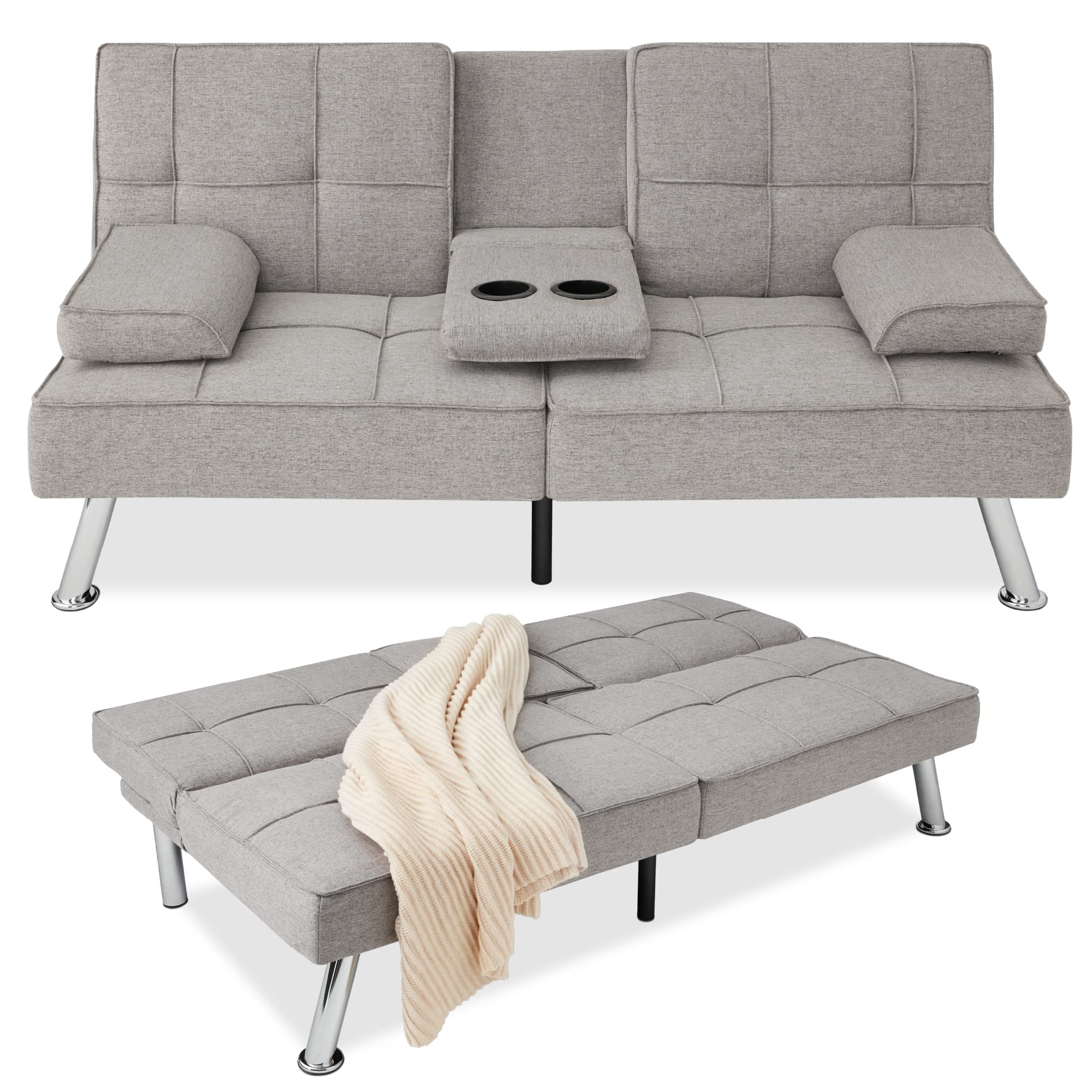 Best Choice Products Linen Modern Folding Futon, Reclining Sofa Bed for Apartment, Dorm w/Removable Armrests, 2 Cupholders - Lig