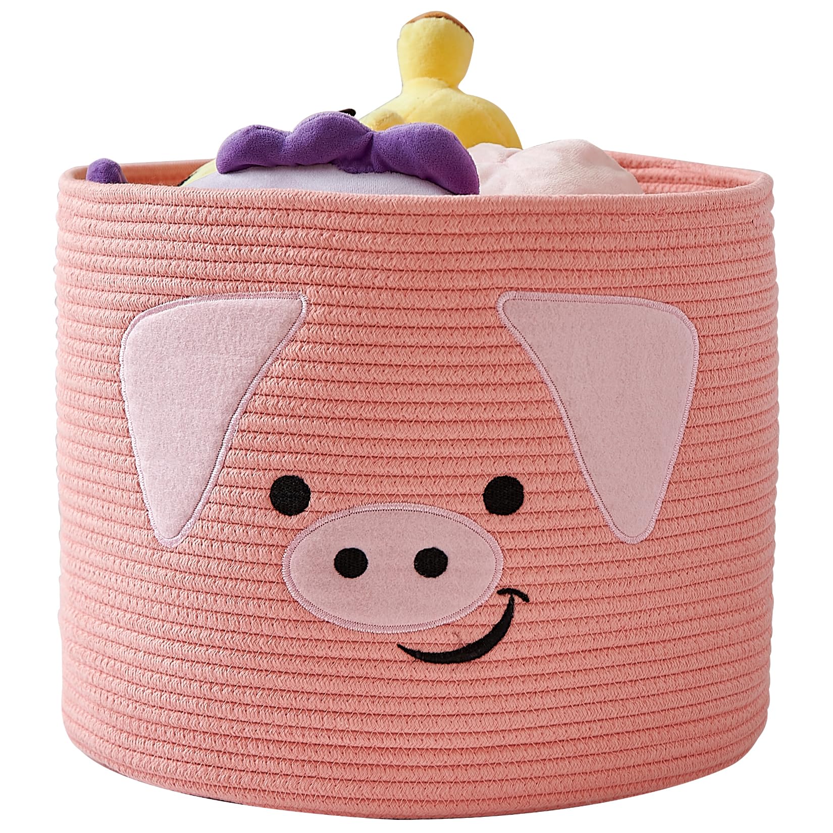 OMERAI Animal Baskets Cotton Rope Storage Basket Woven Toy Basket Large Basket for Blankets Cute Pig Basket with Handles Foldabl