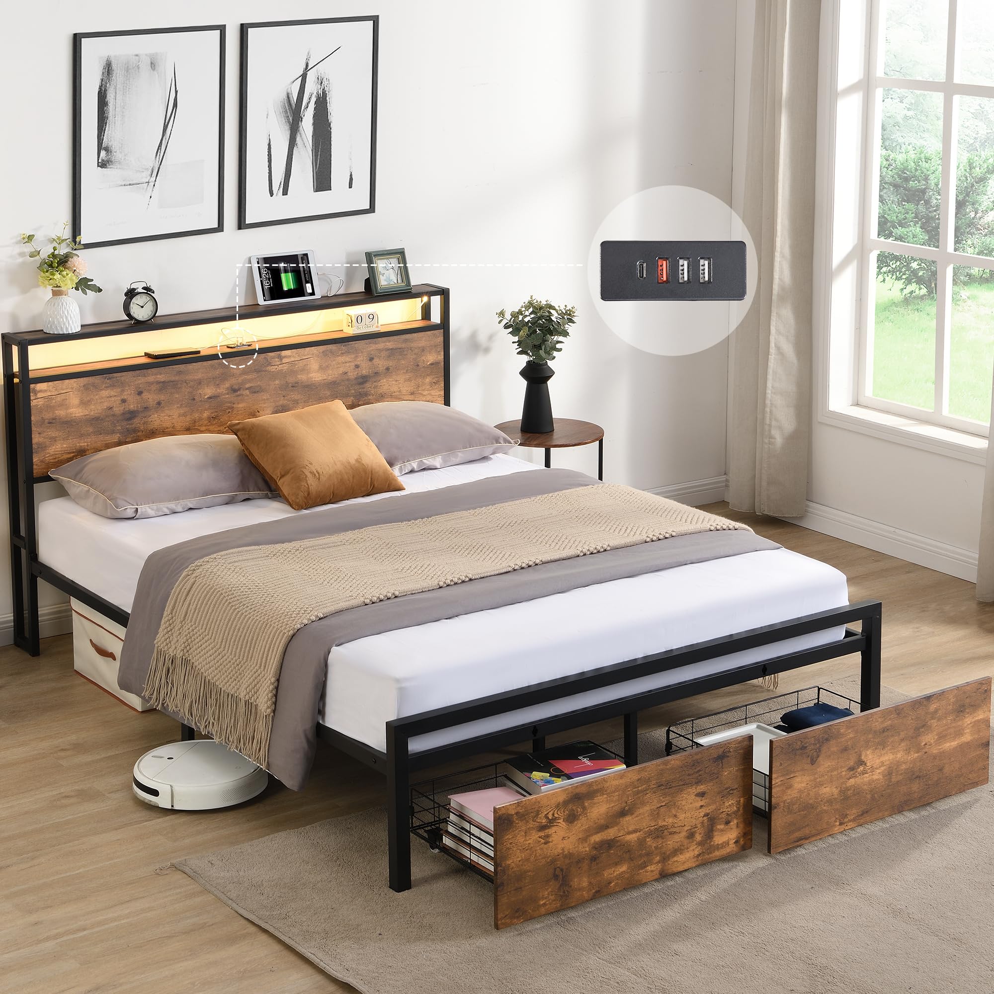 Queen Size Bed Frames with Storage Headboard and Drawers, LED Platform Bed Frame Queen Size, Queen Bed Frame with Charging Stati