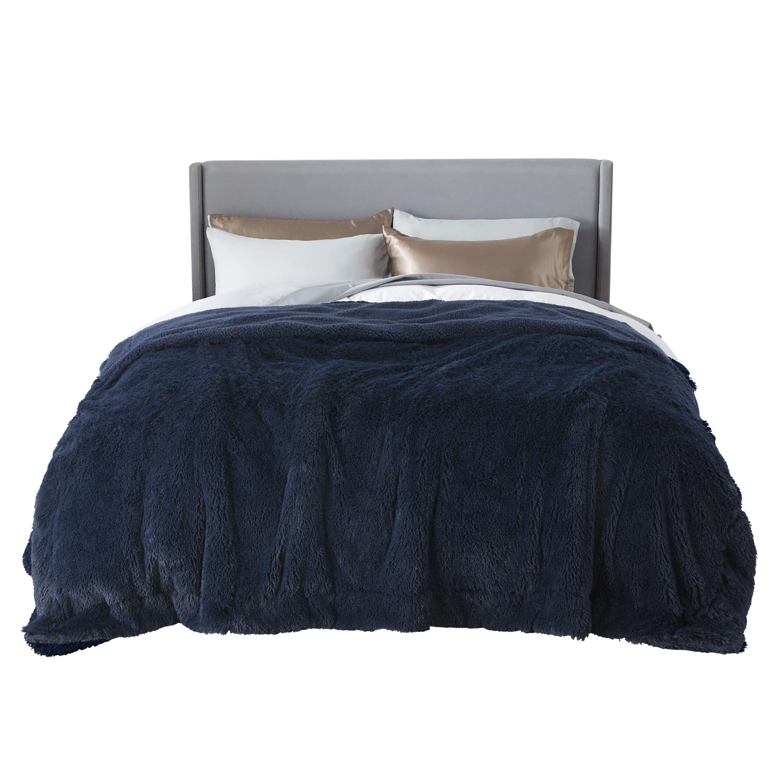 Bedsure Faux Fur King Size Blanket Navy Blue - Fuzzy, Fluffy, and Shaggy Faux Fur, Soft and Thick Sherpa, Cozy Warm Decorative G