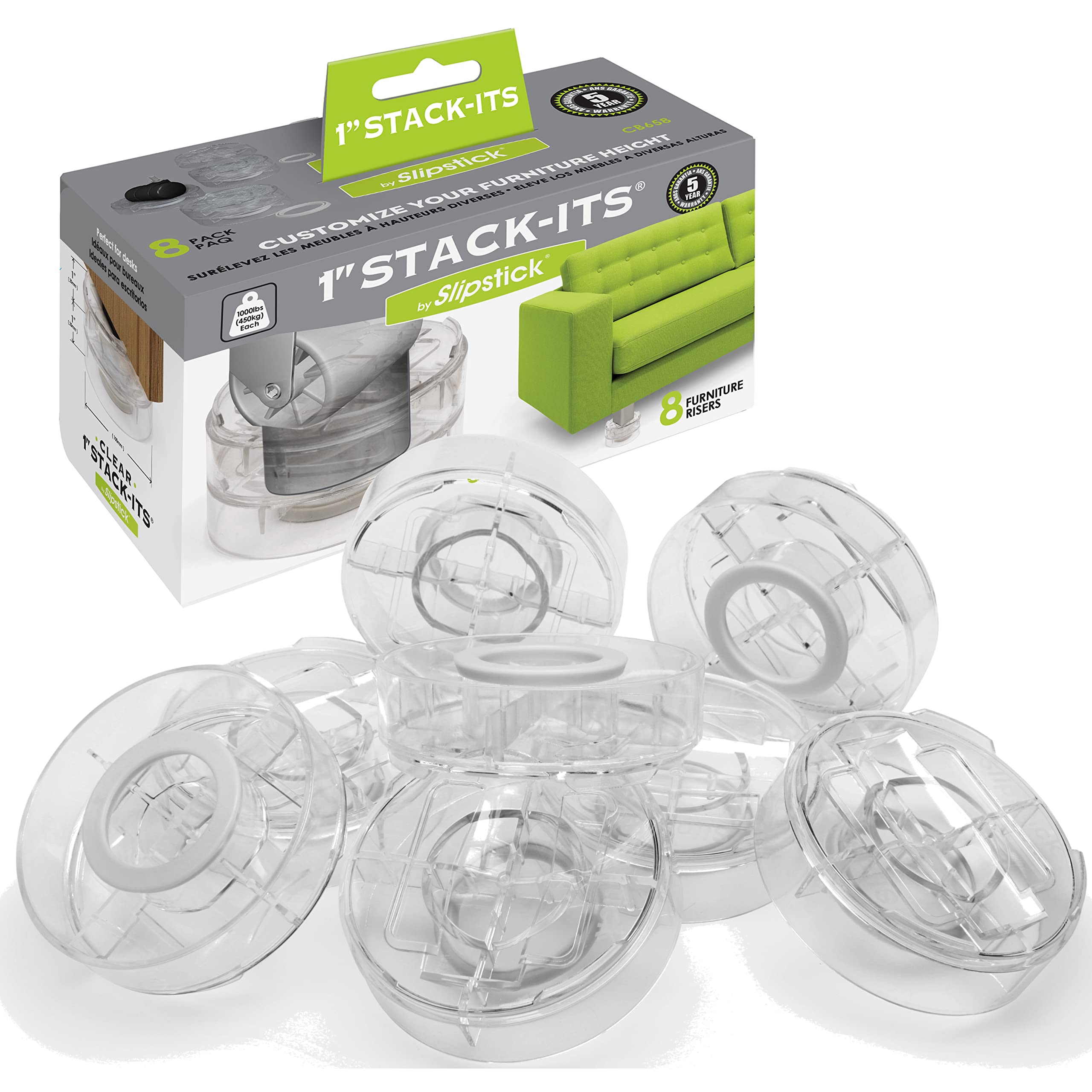 Slipstick CB658 Stack-Its 1 Inch Adjustable Bed Risers/Furniture Risers (Set of 8) Lifts Height 1, 2, or 3 when Stacked - Clear 