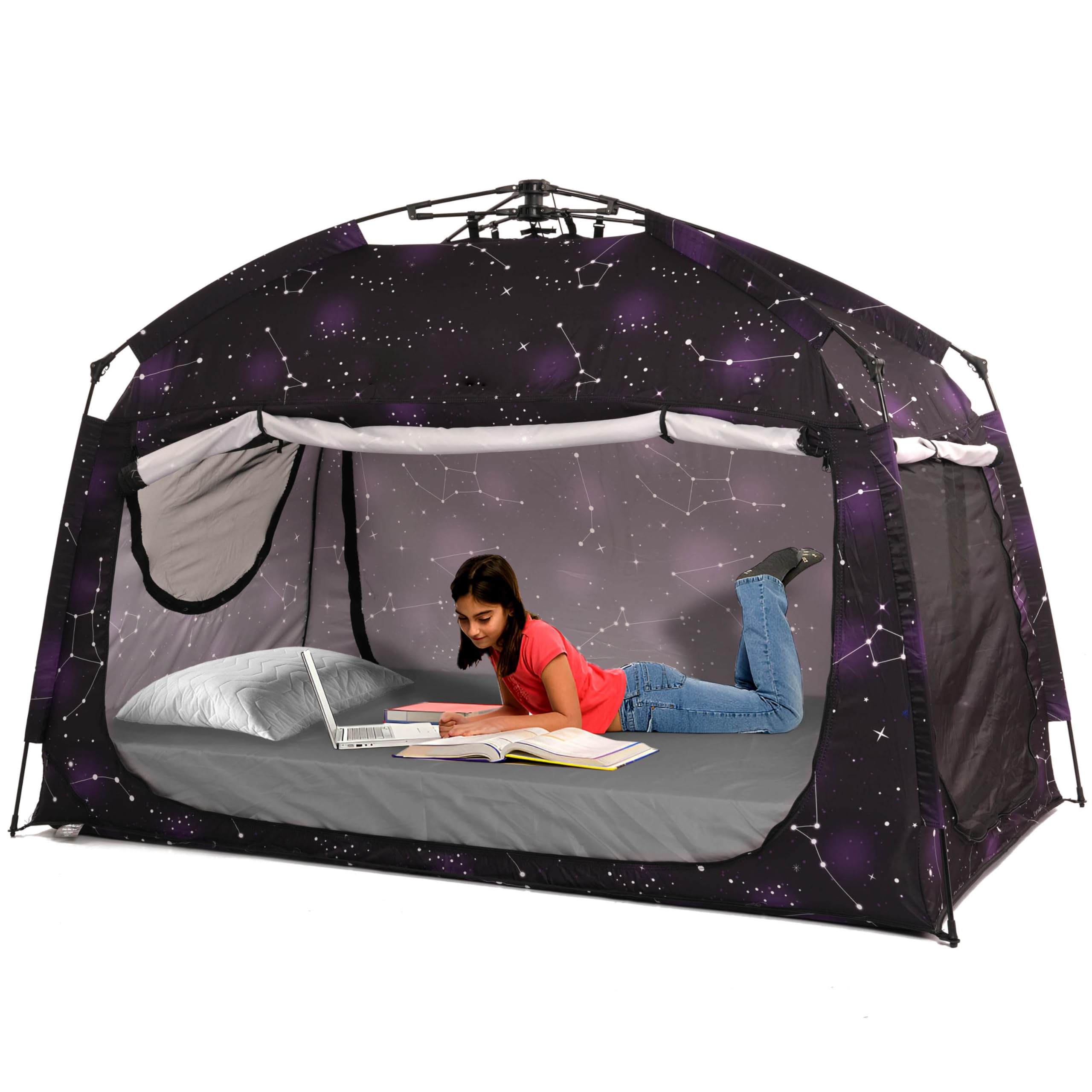 Indoor Instant Privacy Bed Tent for Sleeping,Quick Set-up Bed Canopies,Portable Bed Drapes with Large Space and 3 Doors (Starry,