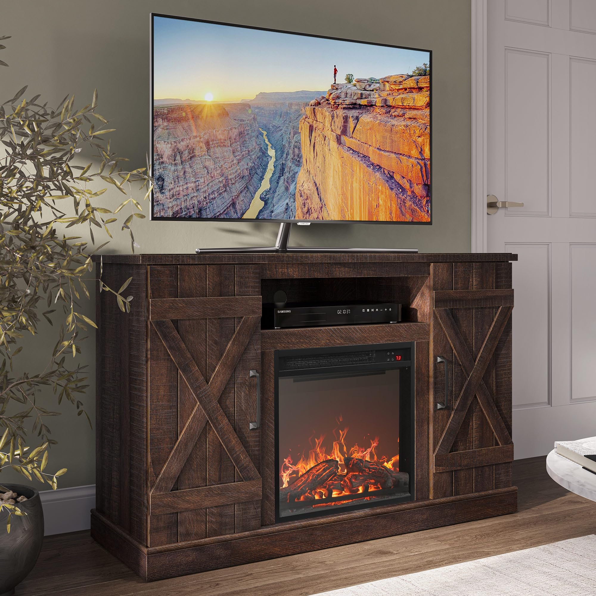 BELLEZE 47 TV Stand with 18 Electric Fireplace Heater & Media Entertainment Center Console Table for TV up to 50 with Open Stora