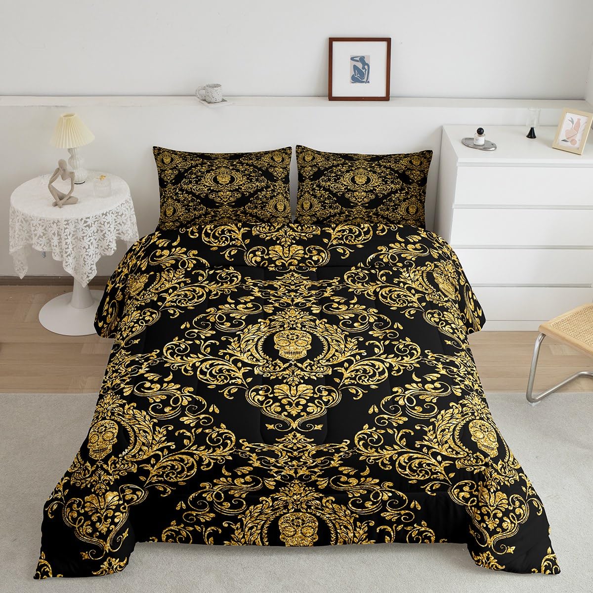 Feelyou Adults Golden Vintage Damask Floral Comforter Set Oriental Antique Comforter Queen Size Gothic Bohemia Boho Bedding Set 