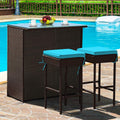 Tangkula Patio Bar Set, 3 Piece Outdoor Rattan Wicker Bar Set with 2 Cushions Stools & Glass Top Table, Outdoor Furniture Set fo
