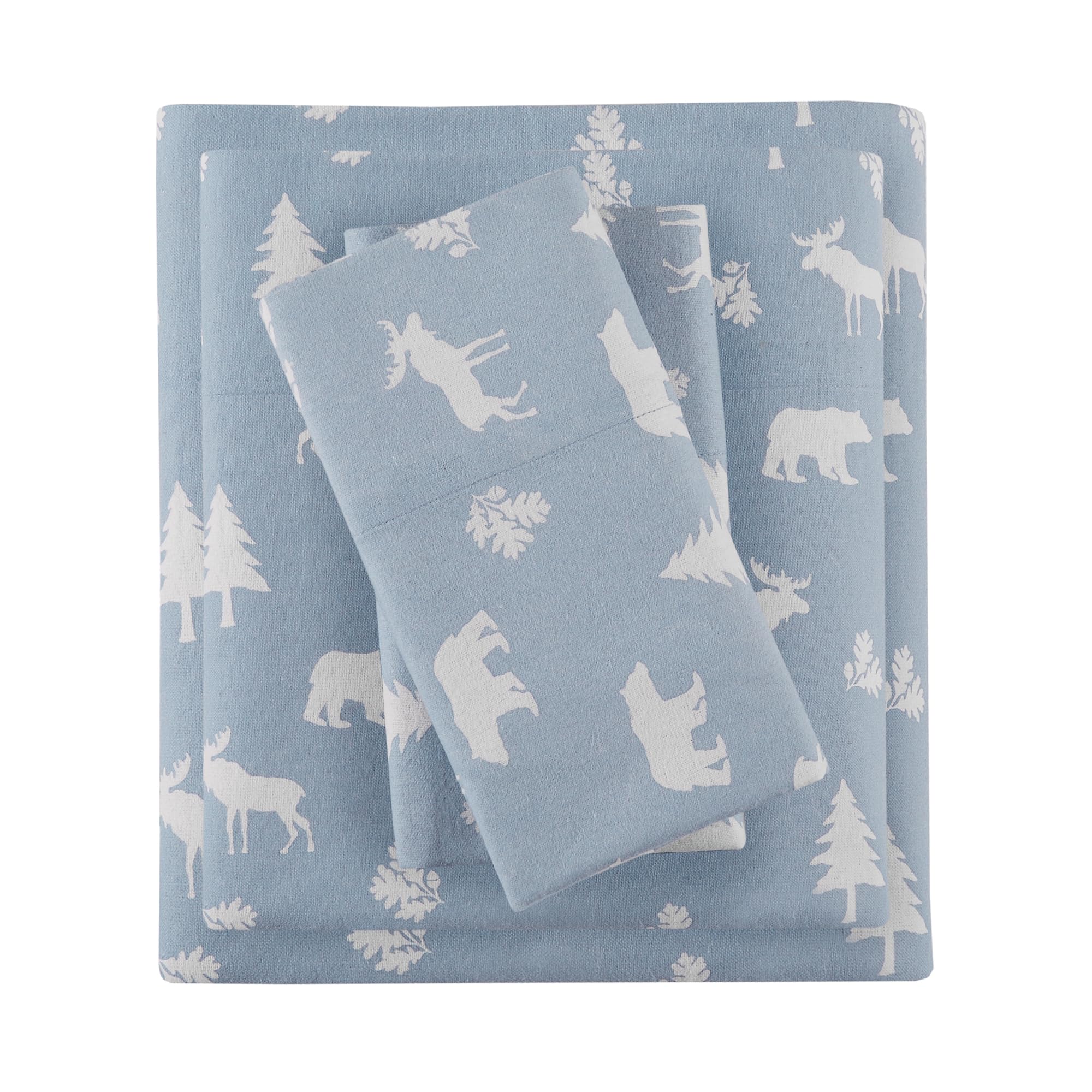 Comfort Spaces Cotton Flannel Breathable Warm, Deep Pocket Sheets with Pillow Case Bedding, Queen, Blue Bear/Moose 4 Piece