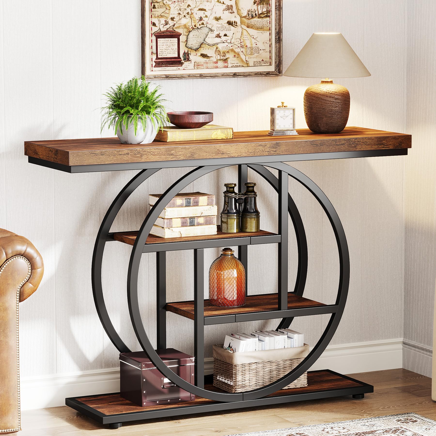 Tribesigns 41.3 Console Table, Industrial 4-Tier Sofa Table Entryway Table with Circle Base, Narrow Wood Accent Tables with Stor