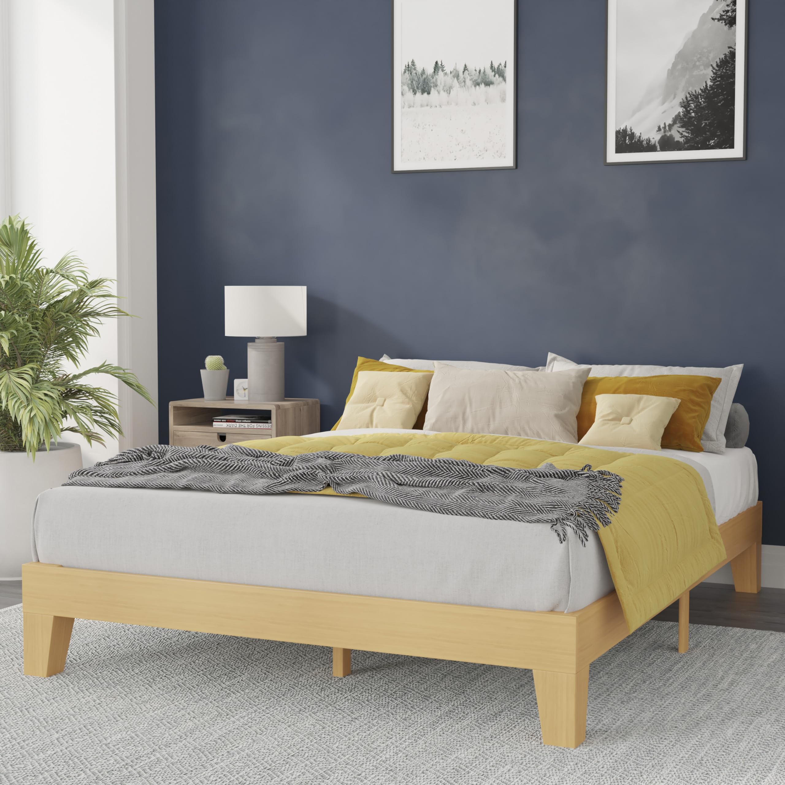 Flash Furniture Evelyn Wooden Platform Bed - Natural Pine Finish - Queen - Wooden Slat Support - No Box Spring Required - Easy A