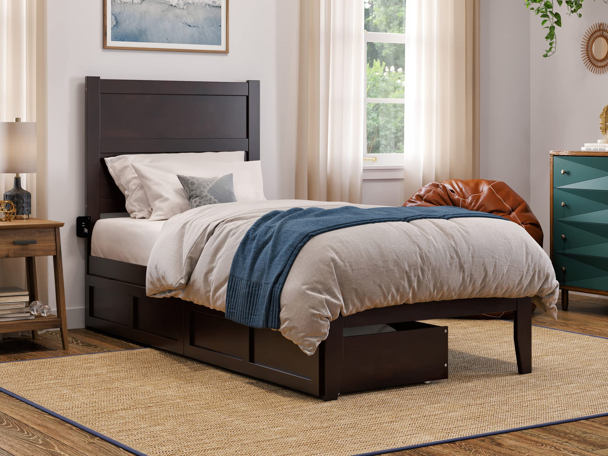 AFI NoHo Twin XL Size Platform Bed with Storage Drawers & Charging Station in Espresso