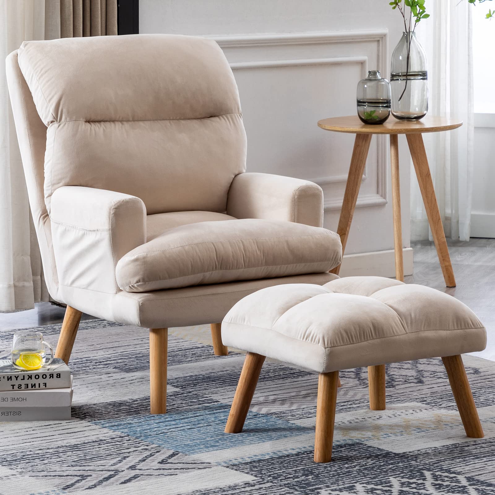 CANMOV Modern Accent Chair with Ottoman, Soft Fabric Armchair with Adjustable Backrest and Side Pockets, Comfy Lounge Chair for 