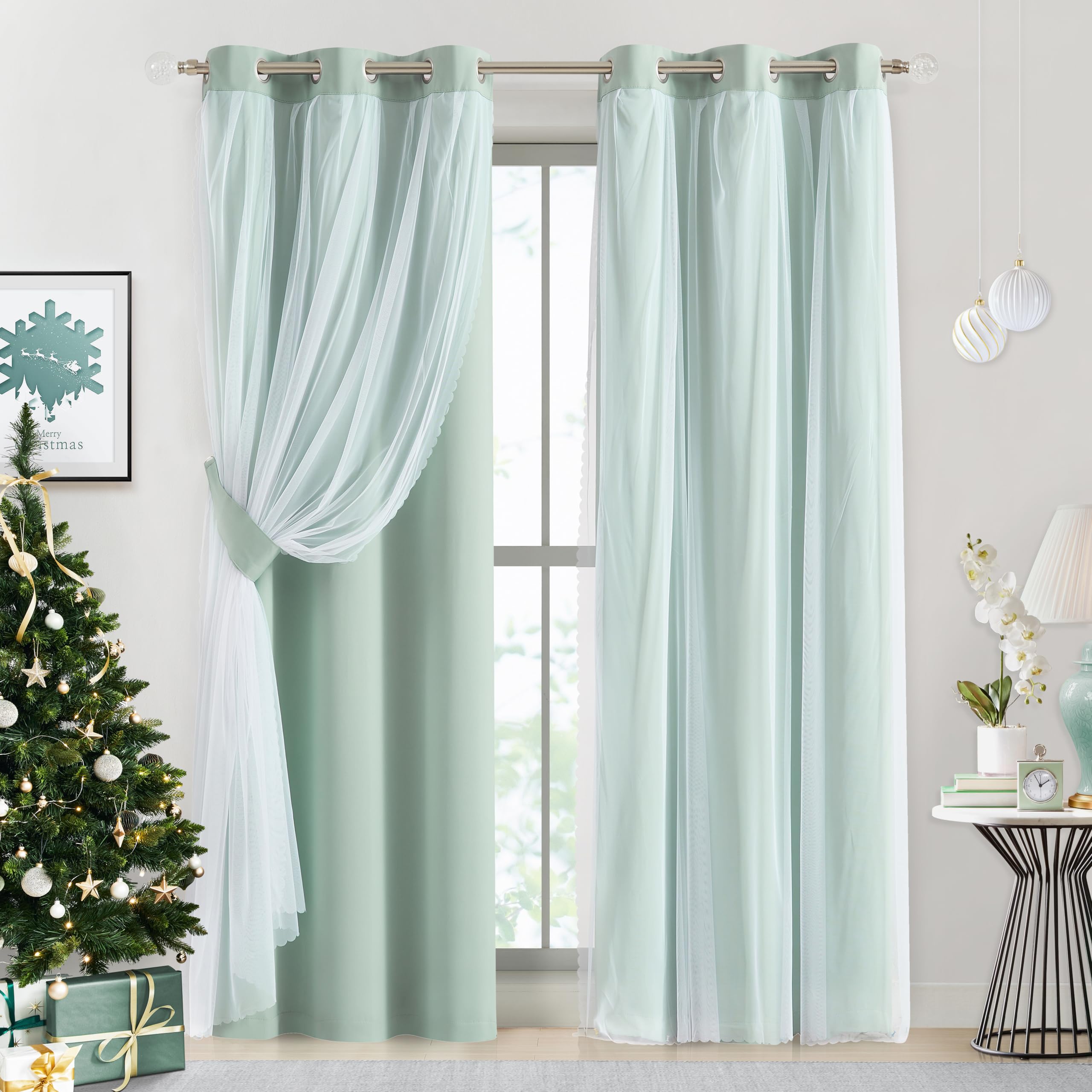Bujasso Aqua 80% Blackout Curtains with Sheer Overlay Mix and Match Double Layer Thermal Insulated Window Panels 84 inch for Liv