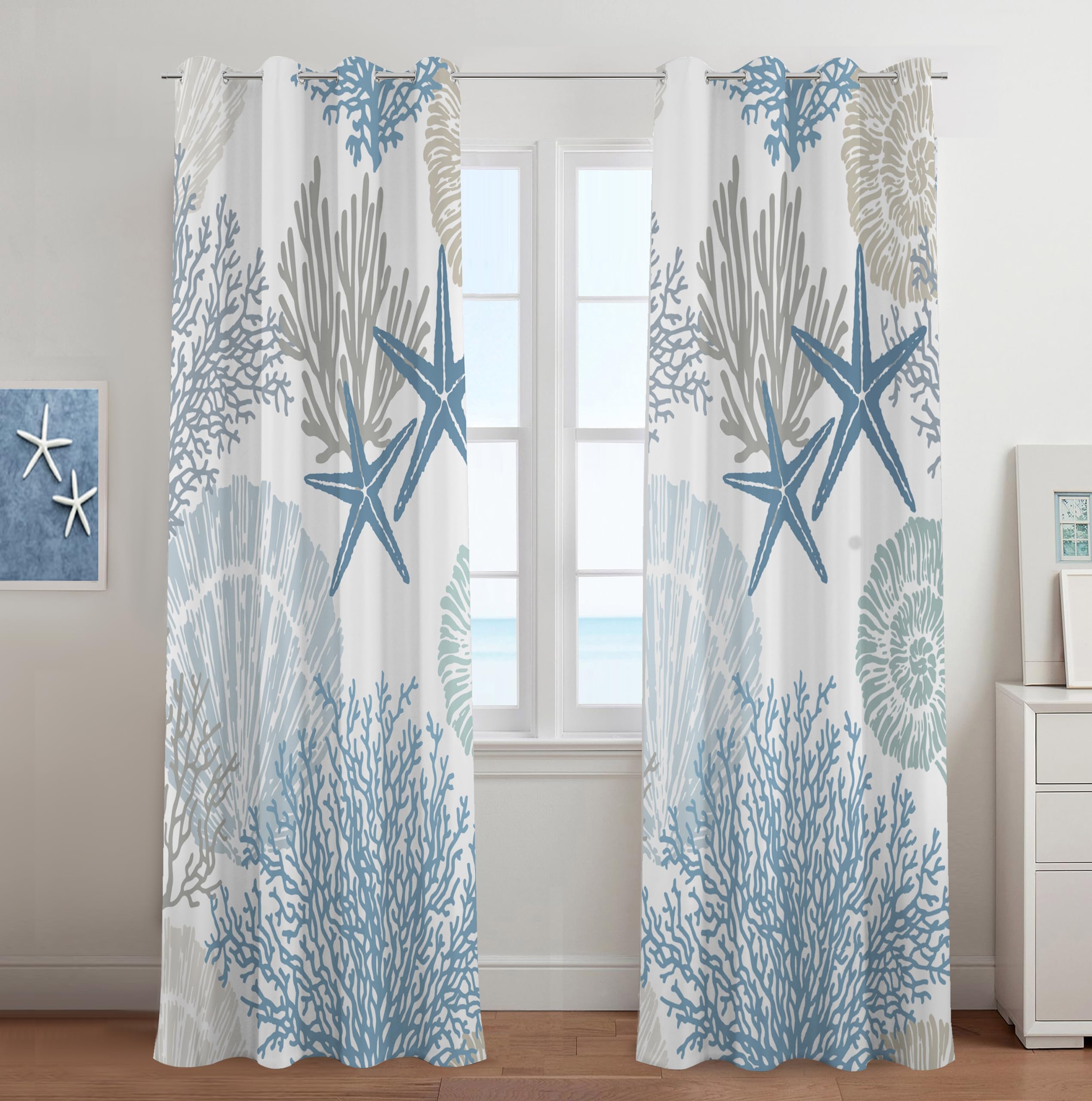 Tritard Coastal Window Curtains Grommet Drapes Nautical Beach Themed Thermal Insulating 50% Light Blocking Privacy Curtain for L