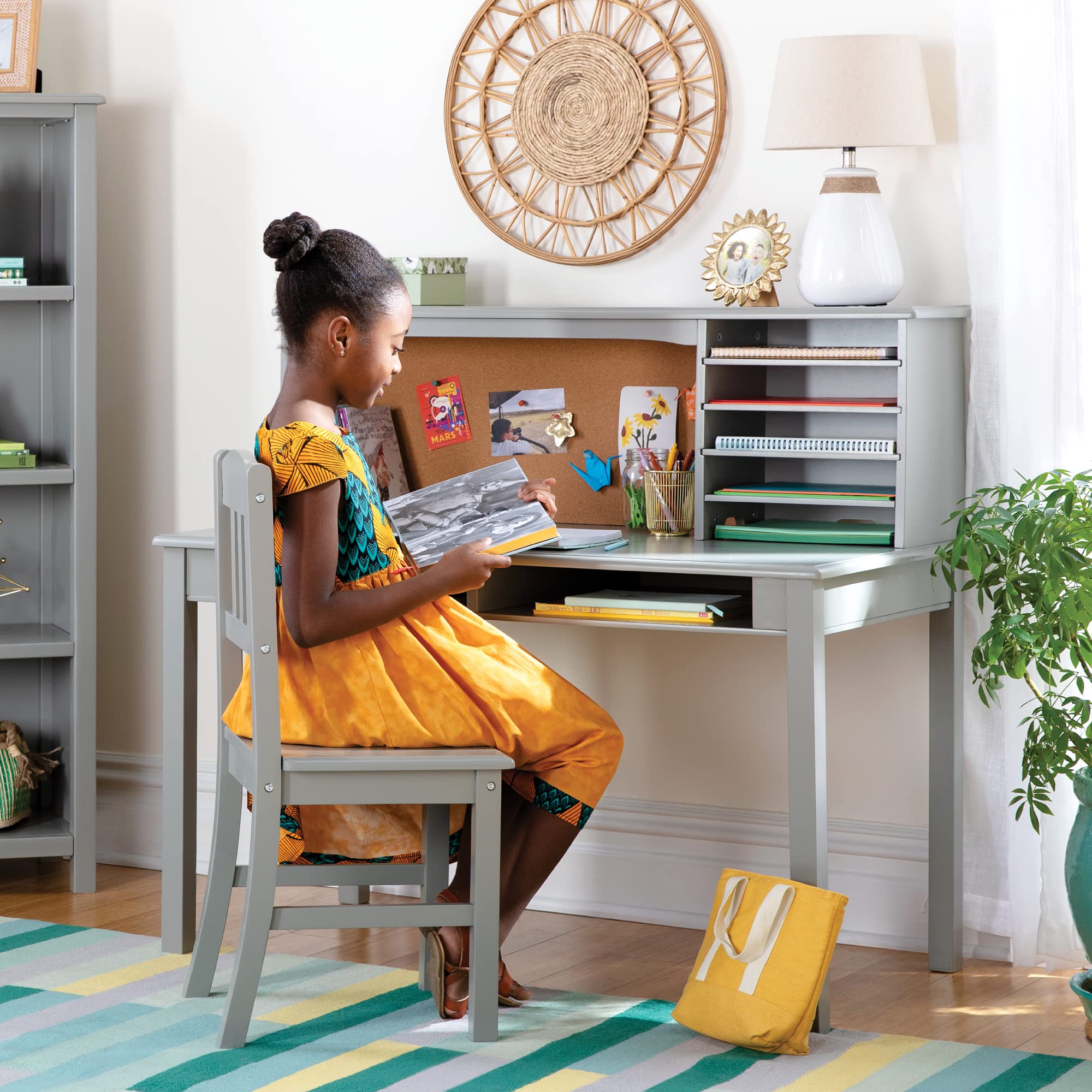 Guidecraft Kids Media Desk and Chair Set - Gray: Kids Table and Chair Set, Students Computer Workstation, Study Desk with Hutch