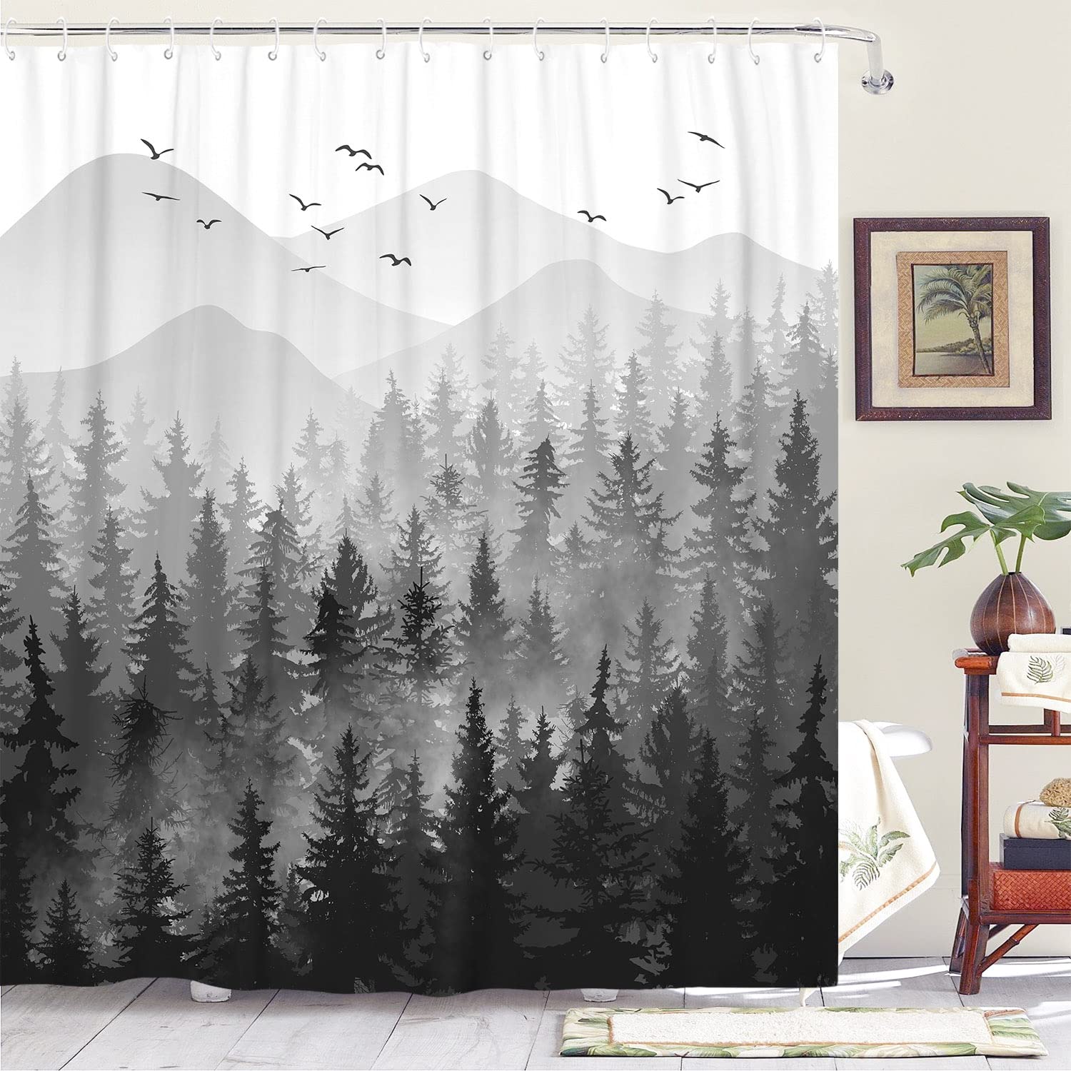 Accnicc 78 Inch Long Black and White Misty Forest Shower Curtain Ombre Dark Gray Mountain Pine Tree Waterproof Fabric Shower Cur