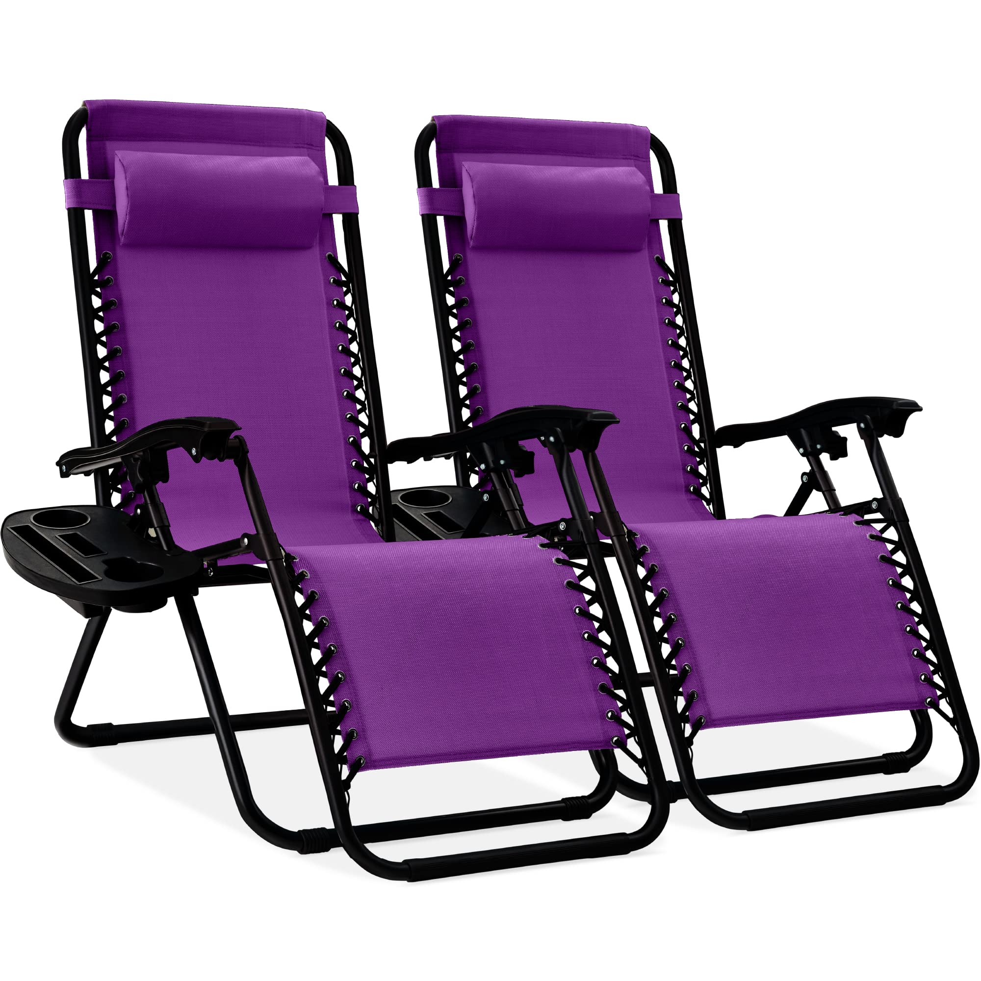 Best Choice Products Set of 2 Adjustable Steel Mesh Zero Gravity Lounge Chair Recliners w/Pillows and Cup Holder Trays - Amethys