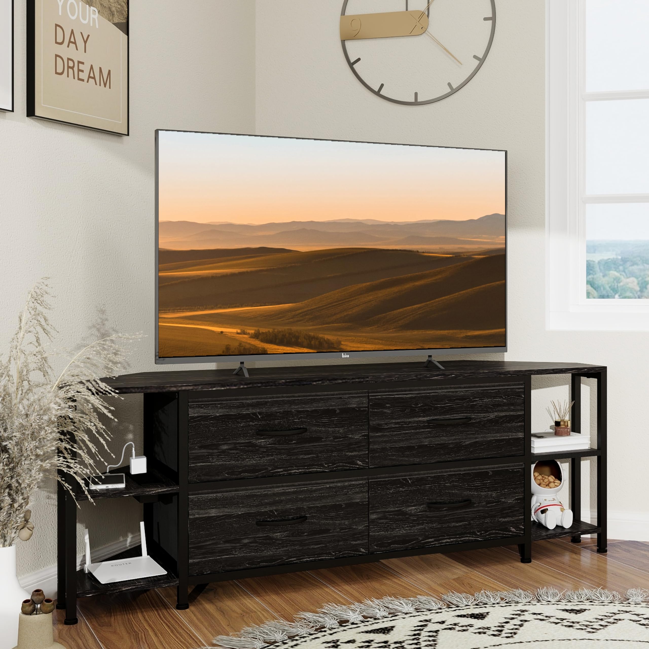 EXOTICA Corner TV Stand for 55 inch TV with Drawer and Charge Station Black Corner Entertainment Center for Living Room Modern C