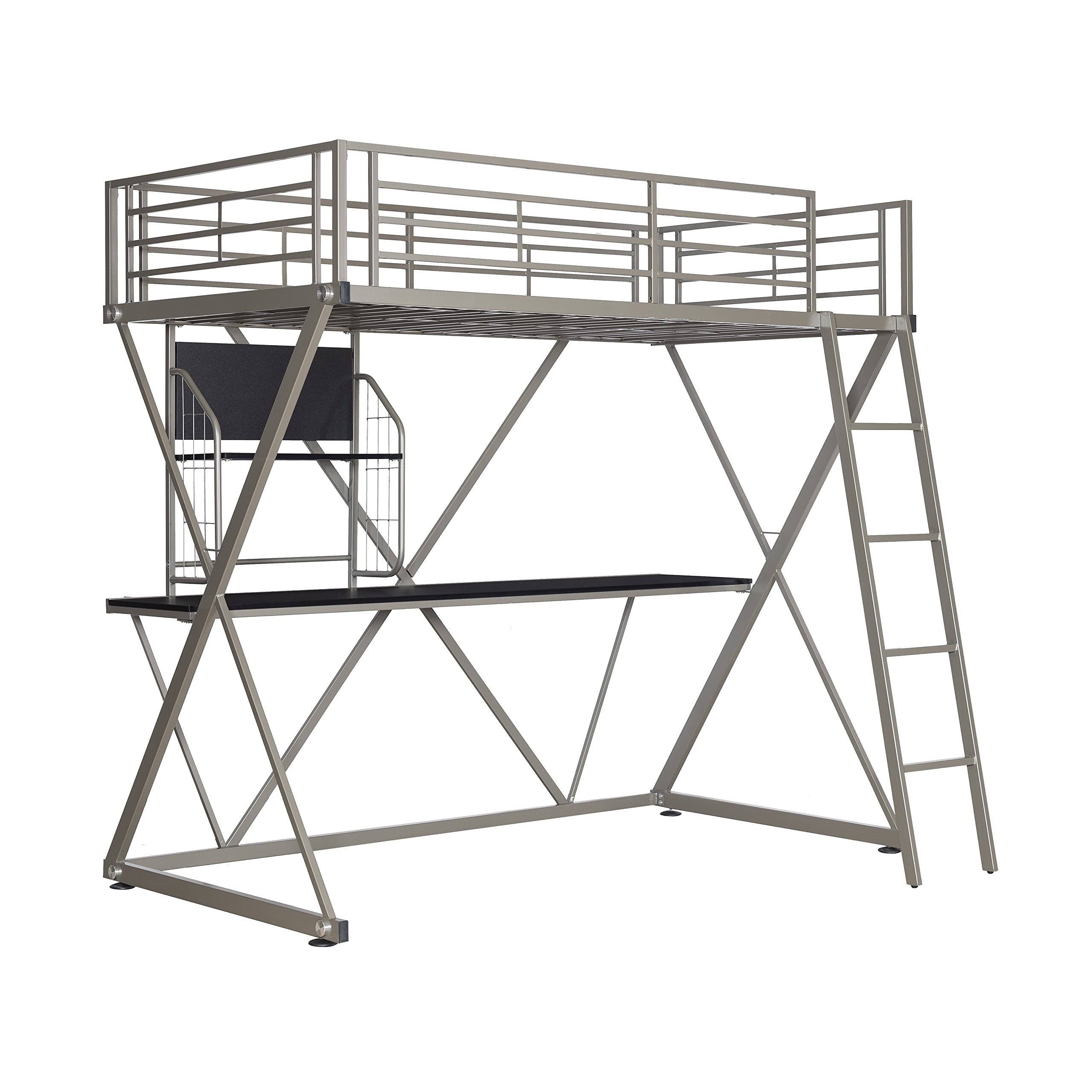 Z-Bedroom Metal Pewter Powder Coated Twin Size Loft Study Bunk Bed with Computer Desk by Powell