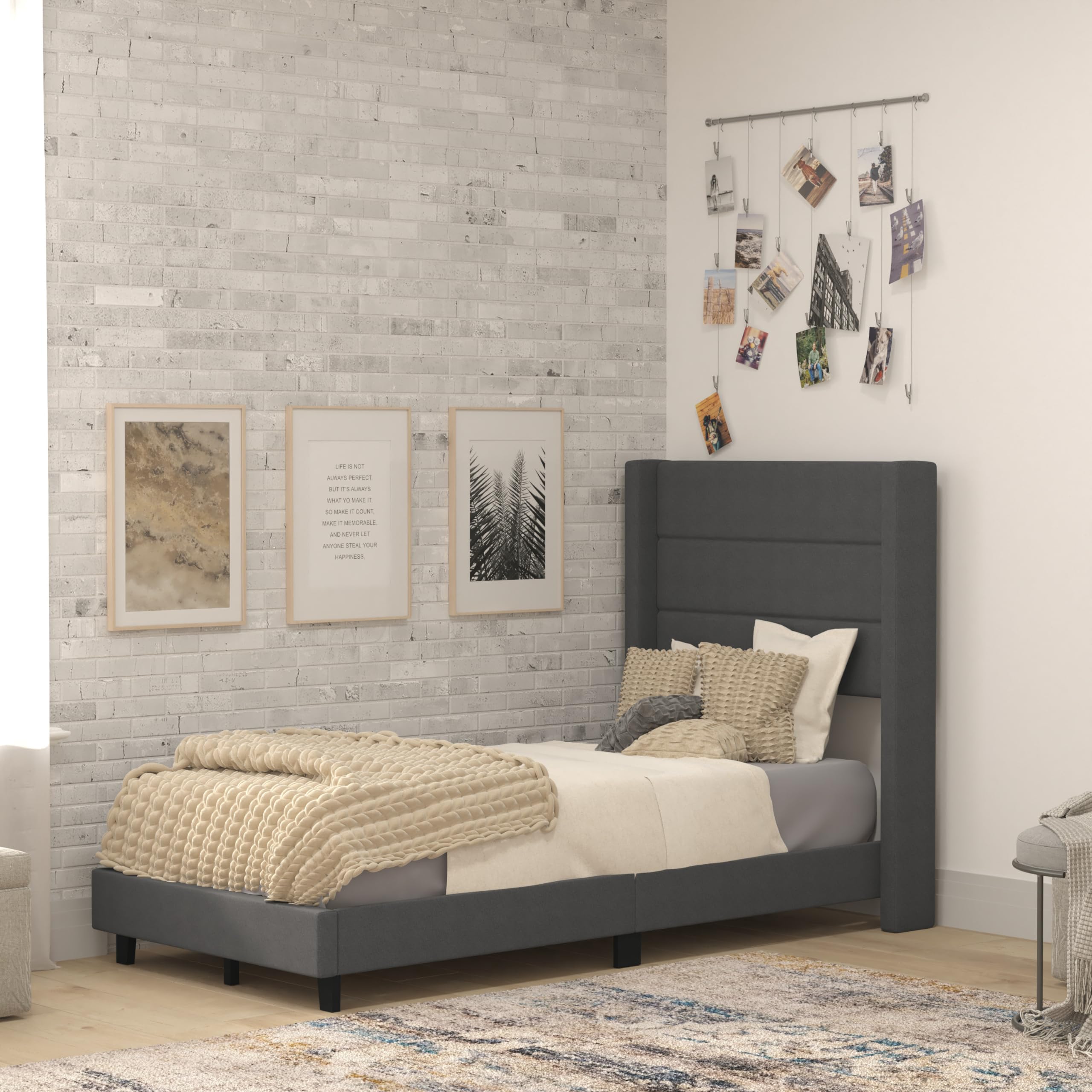 Flash Furniture Hollis Upholstered Platform Bed - Charcoal Faux Linen Wingback Headboard - Twin - Mattress Foundation with Slatt