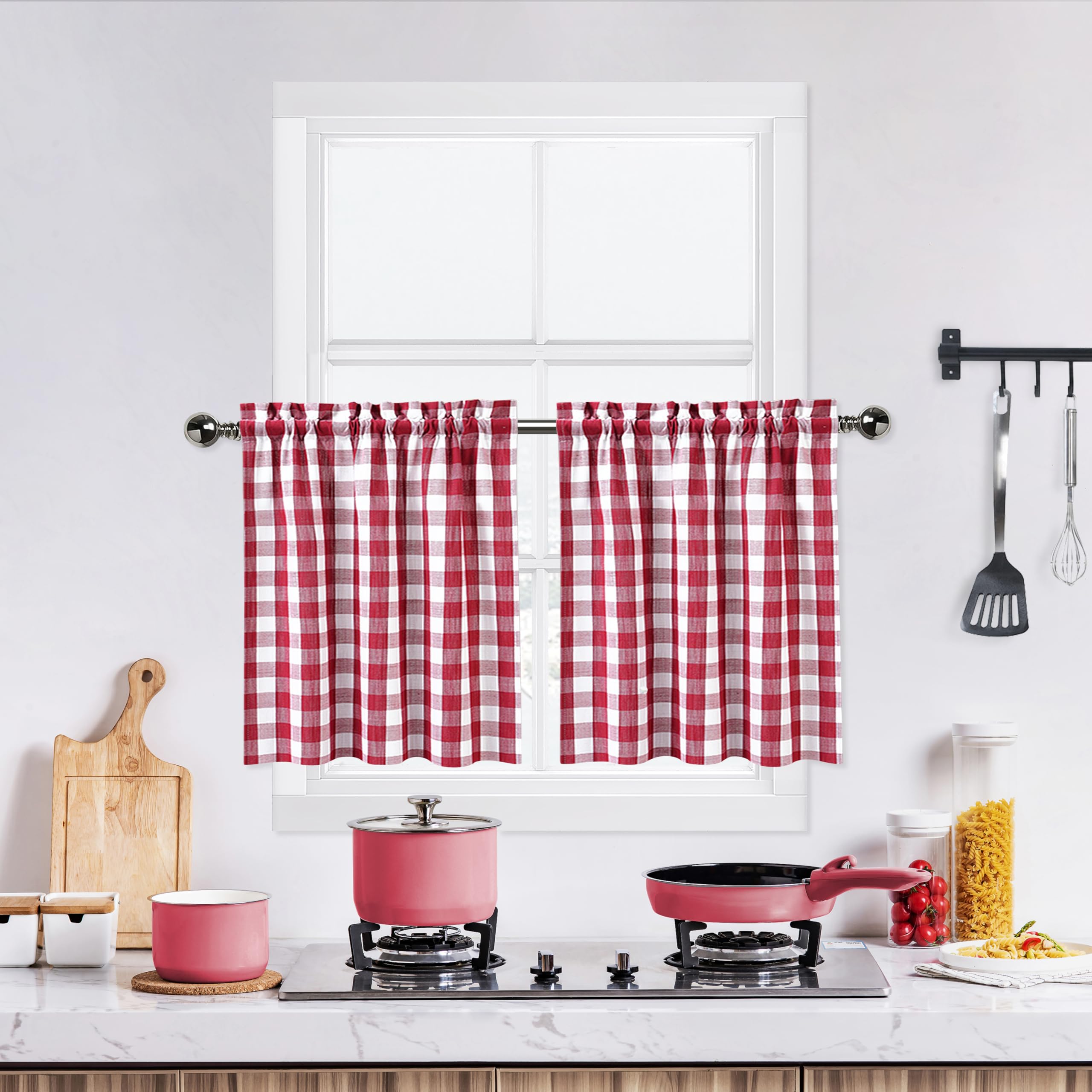 Red and White Tier Kitchen Curtains 30 Inches Long,Burgundy Buffalo Plaid Gingham Rod Pocket Half Window Treatment Set Half Wind