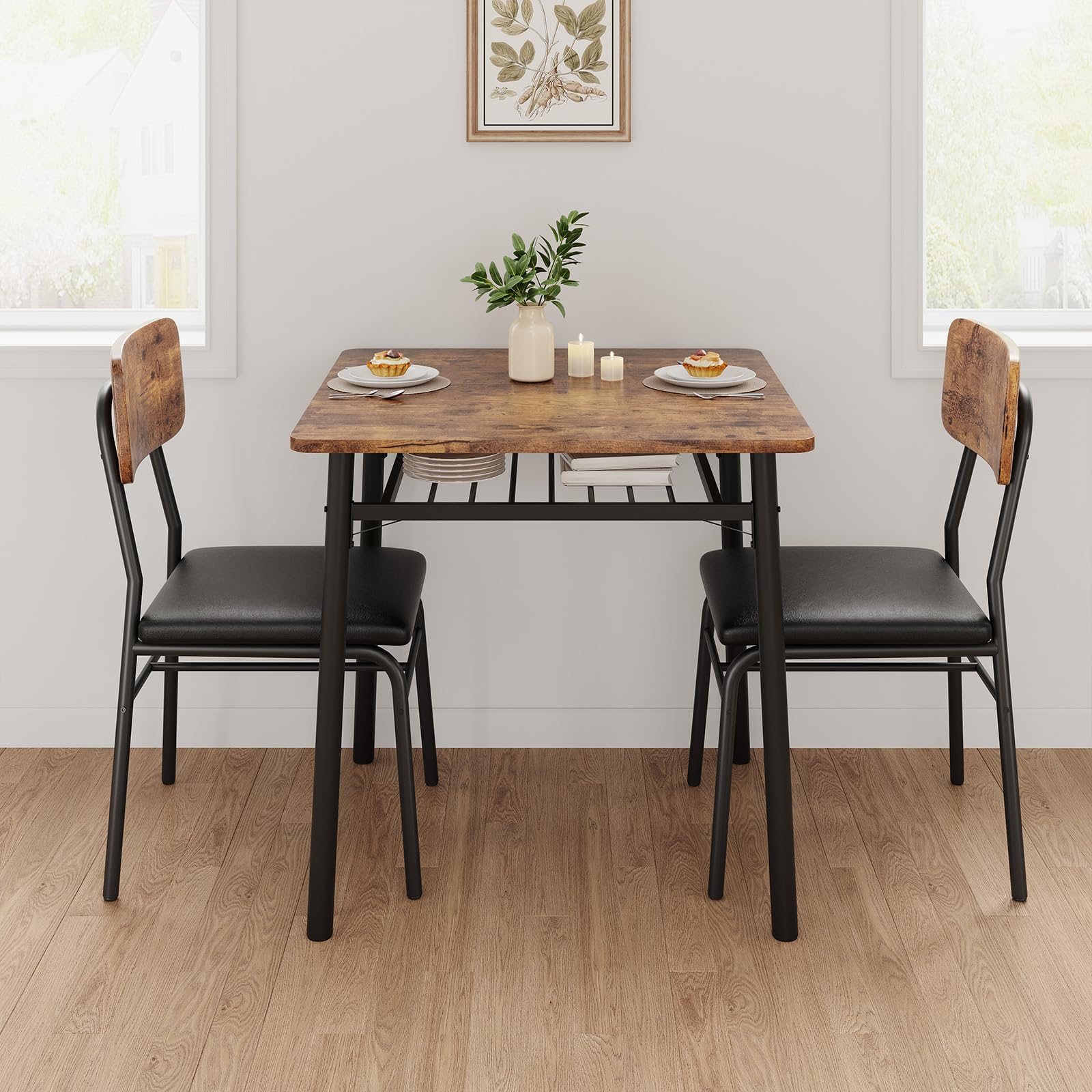 IDEALHOUSE 3-Piece Dining Table Set for 2 with Storage Rack, Wood Kitchen Table with Upholstered Chairs Set of 2, Small Square T