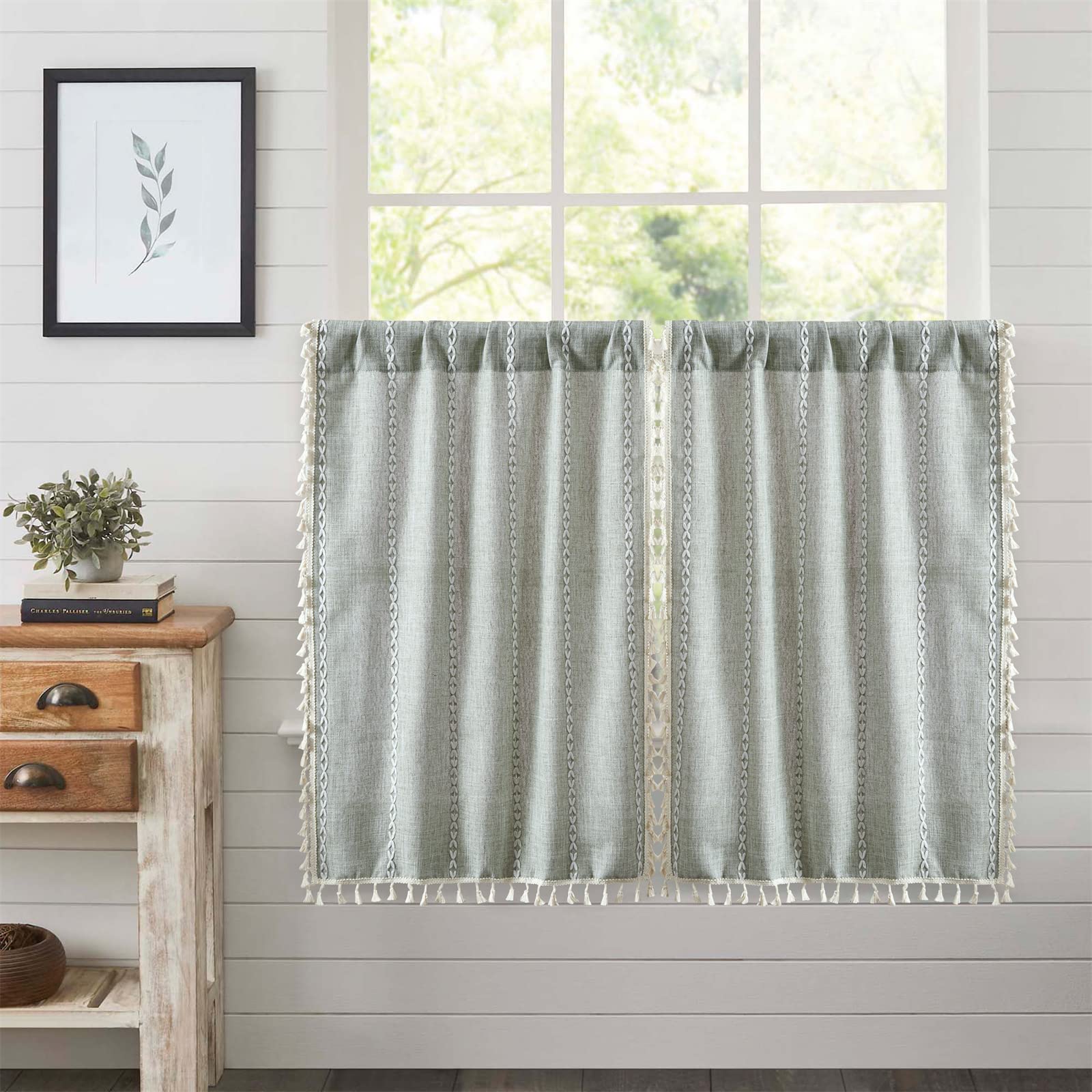 RoomTalks Sage Green Boho Farmhouse Kitchen Curtains 36 Inch Length Striped Summer Spring Cute Modern Chic Cotton Polyester Tass