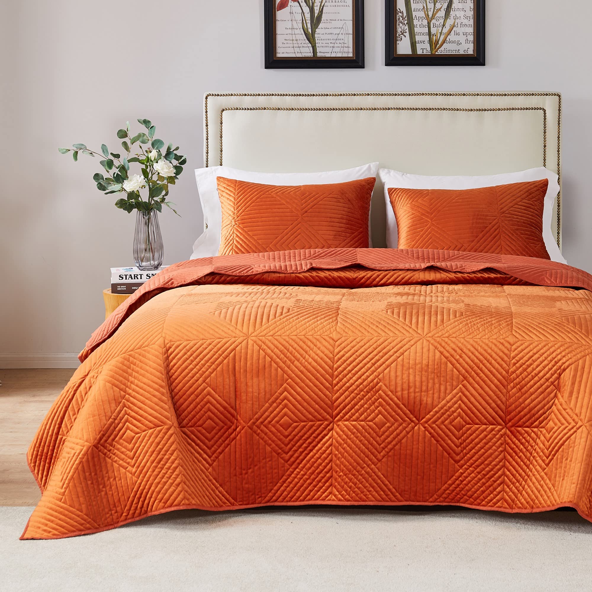 Greenland Home Riviera Velvet Finely Stitched Quilt Set, 3-Piece Full/Queen, Spice