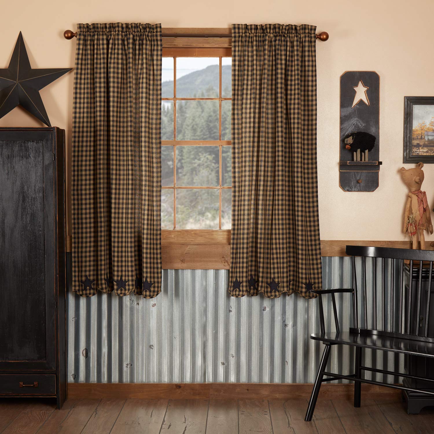 VHC Brands, Black Star, Cotton, 63x36, Scalloped Short Panel, Set of 2, Black