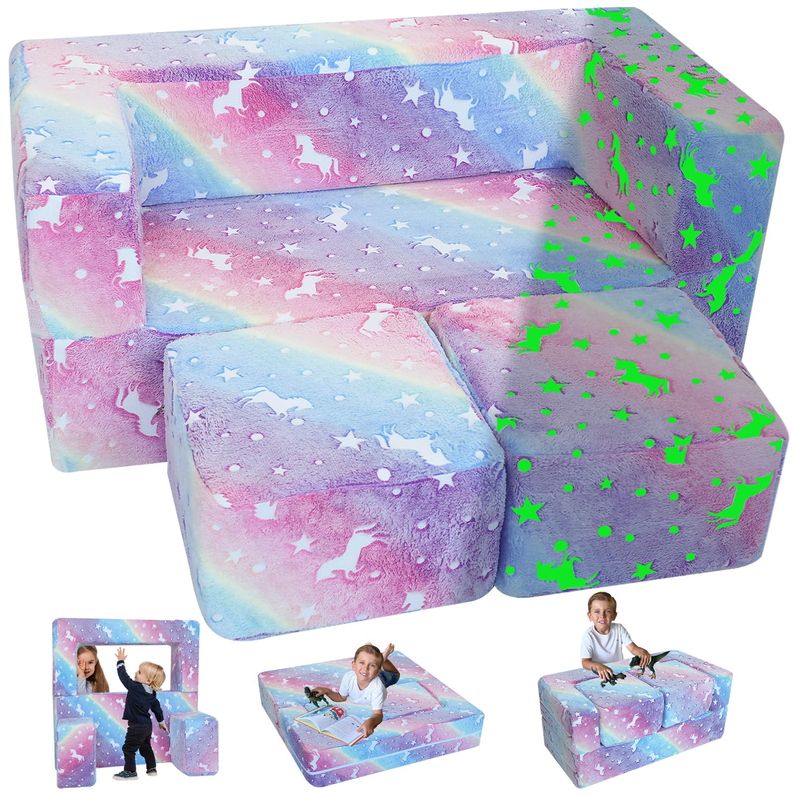MeMoreCool Kids Couch Toddler Couch, Glow in The Dark Rainbow Kids Couch Fold Out, Baby Couch Kids Bedroom Furniture, Kids Sofa 