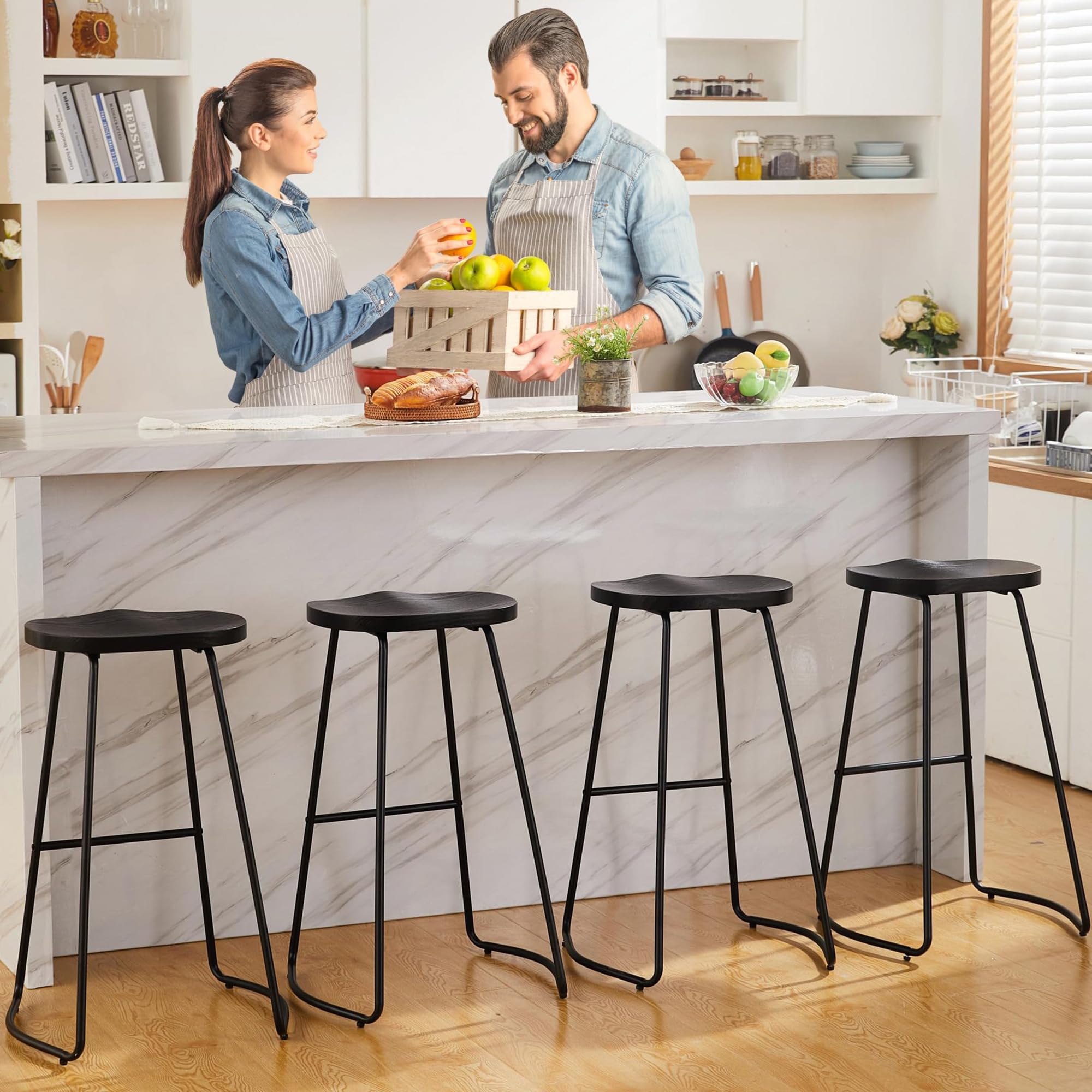 HeuGah Bar Stools Set of 4, Wood Saddle Seat Barstools for Kitchen Island, 30  Black Bar Height Stools with Footrest (Black, 4 P