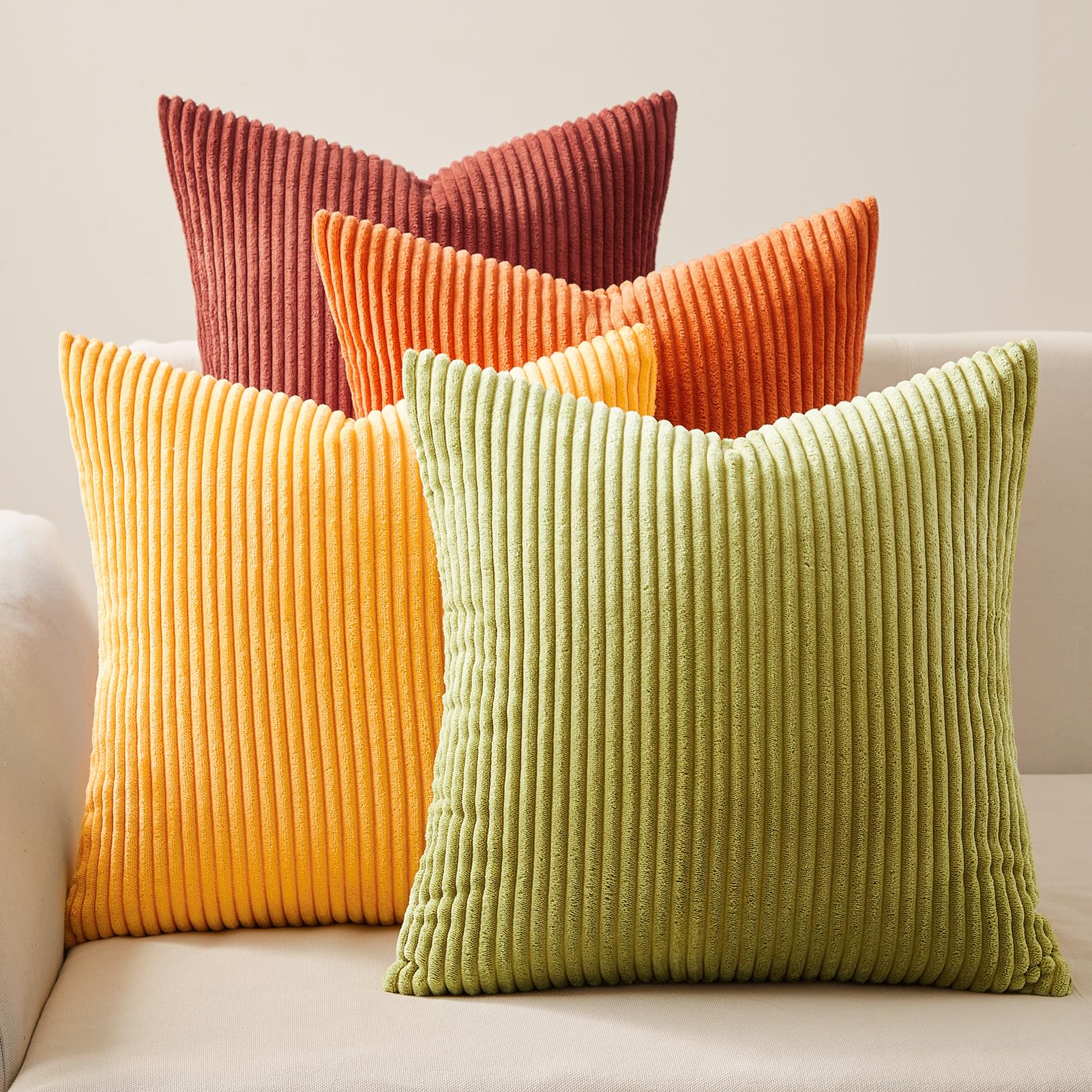 Topfinel Fall Burnt Orange Decorative Throw Pillows Covers 18x18 Inch Set of 4,Yellow Green Gradient Series Corduroy Striped Squ