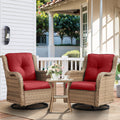 HUMMUH 3-Piece Swivel Rocking Rattan Chair Outdoor, Patio Bistro Furniture Conversation Set, Cushioned Wicker Chair with Glass C