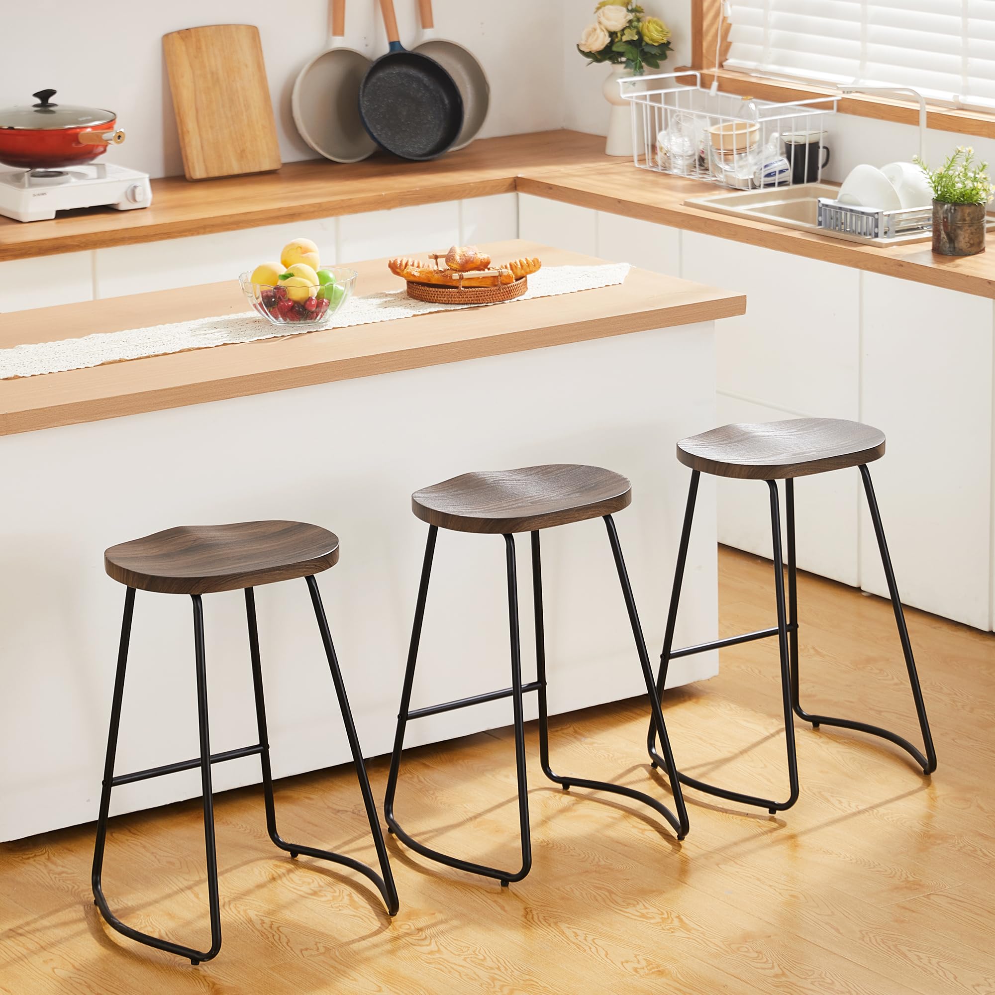 HeuGah Bar Stools Set of 3, Counter Height Saddle Seat Wood Bar Stools, 26 Backless Barstool for Kitchen Island, Brown Bar Chair