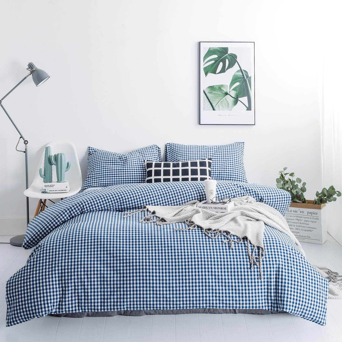 SUSYBAO Royal Blue Gingham Duvet Cover Queen 100% Washed Cotton Grid Plaid Duvet Cover Set 3 Pieces 1 Blue Checkered Duvet Cover
