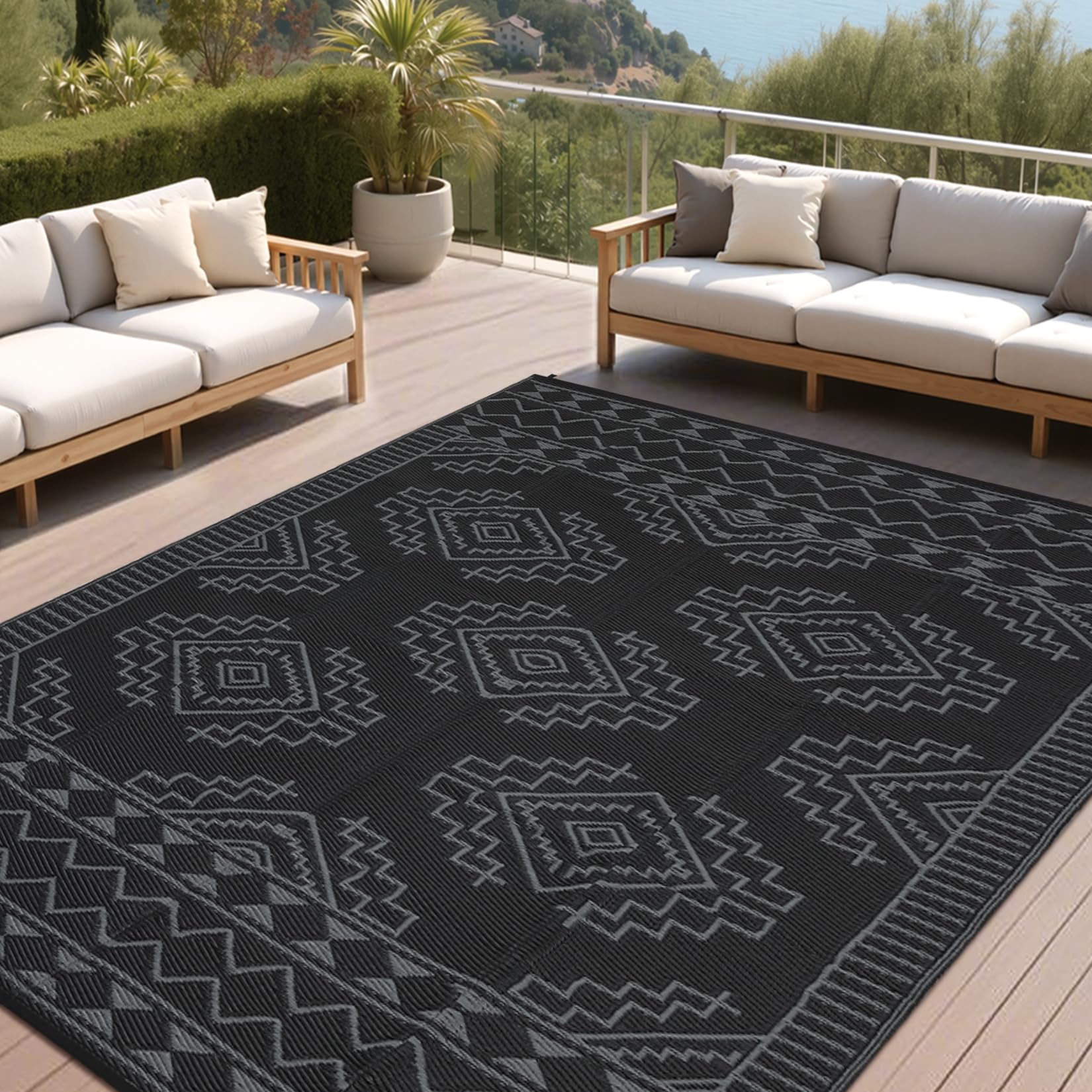 Large Outdoor Rug Waterproof 9x18 Outdoor Plastic Straw Rug, Stain-Resistant Outside Carpet, Modern Geometric Reversible Floor M