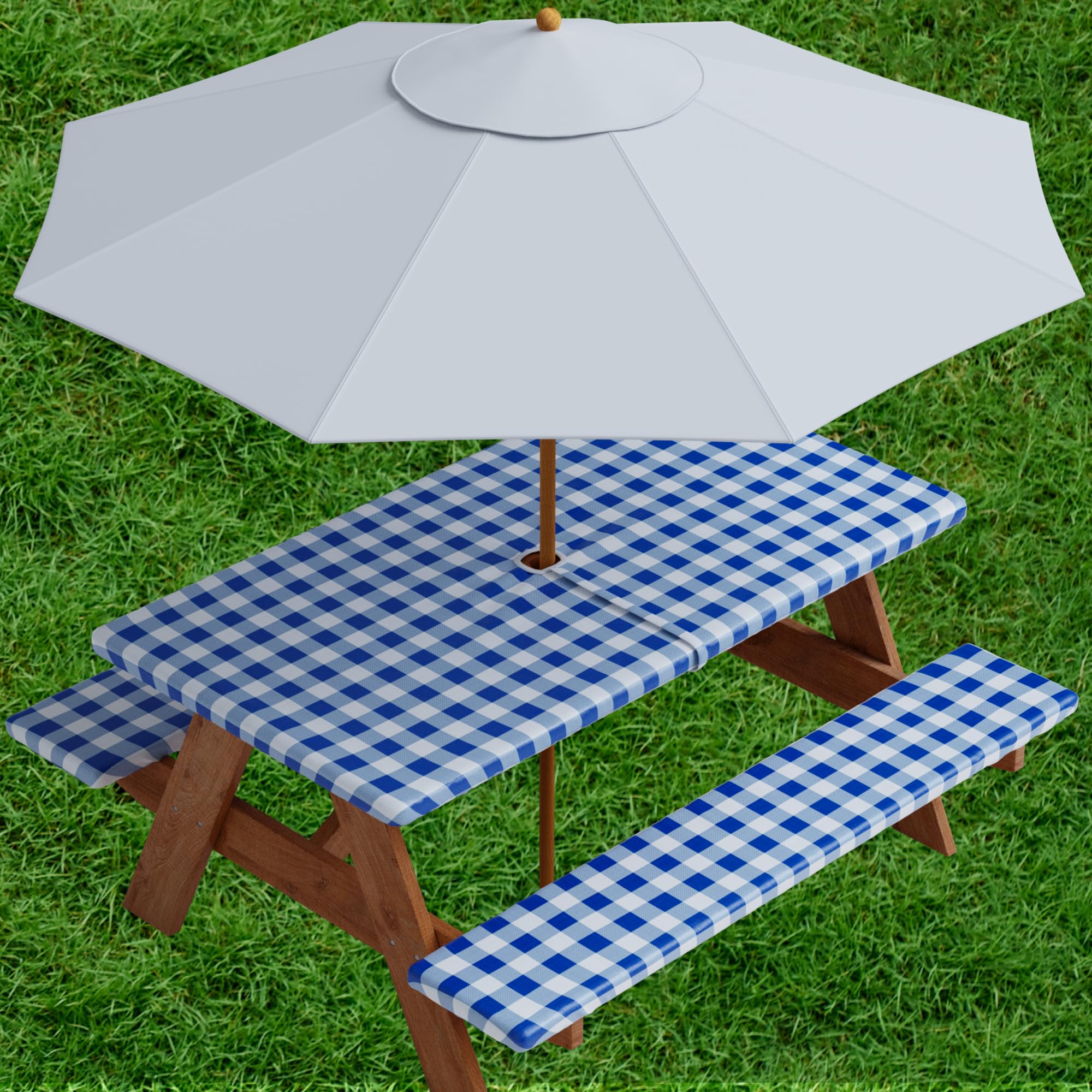 Sorfey Vinyl Umbrella Round Fitted Tablecloth Cover, Checkered Design, Flannel Backed Lining 30 Inch, Blue