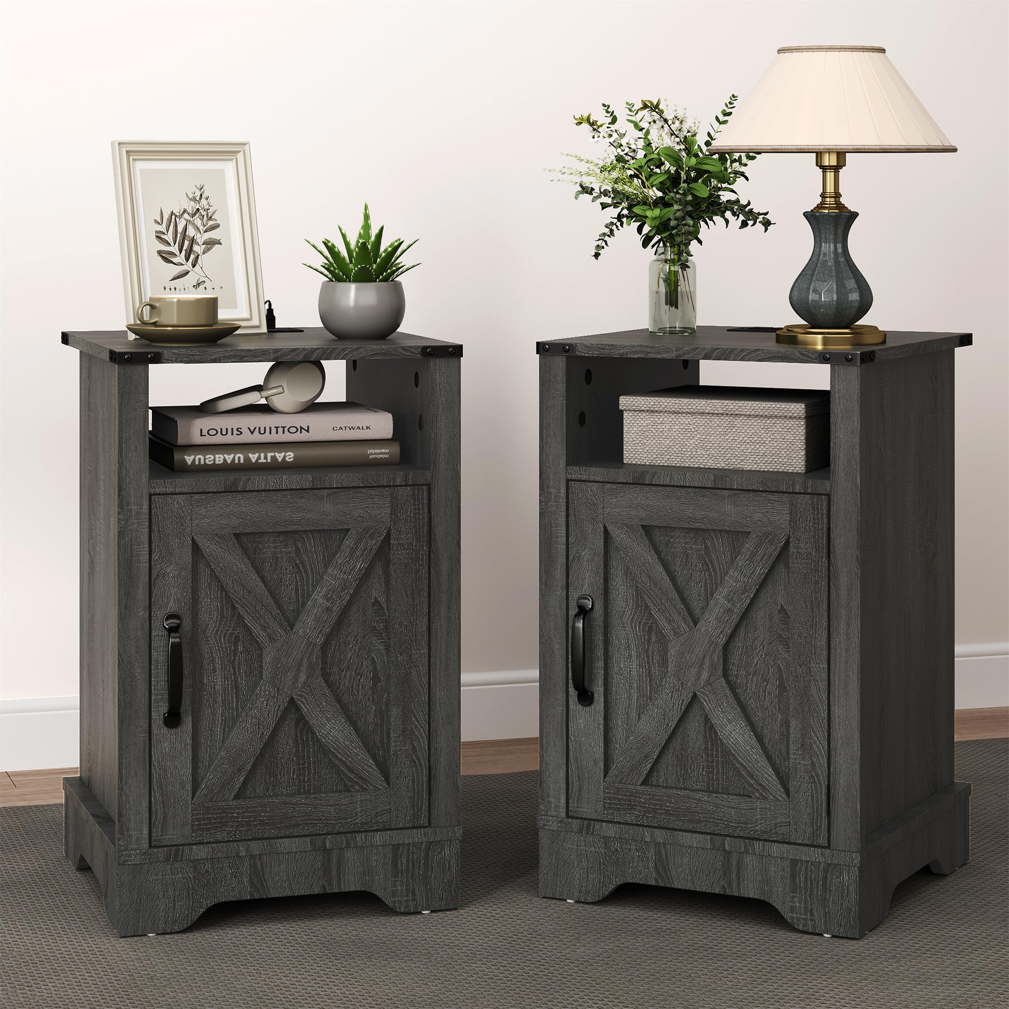 RoyalCraft Nightstand Set of 2, Grey End Table with Charging Station, Tall Farmhouse Bedside Table with Large Storage and Shelf,