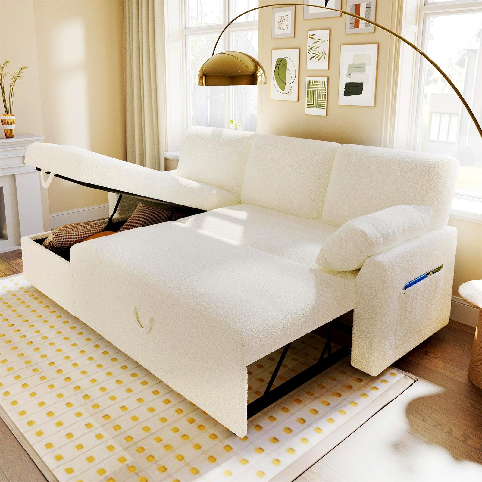 PaPaJet Sofa Bed, Sofa Sleeper with Storage Chaise, L Shape Pull Out Couch Bed, Oversized Sofas for Living Room-Offwhite Sherpa