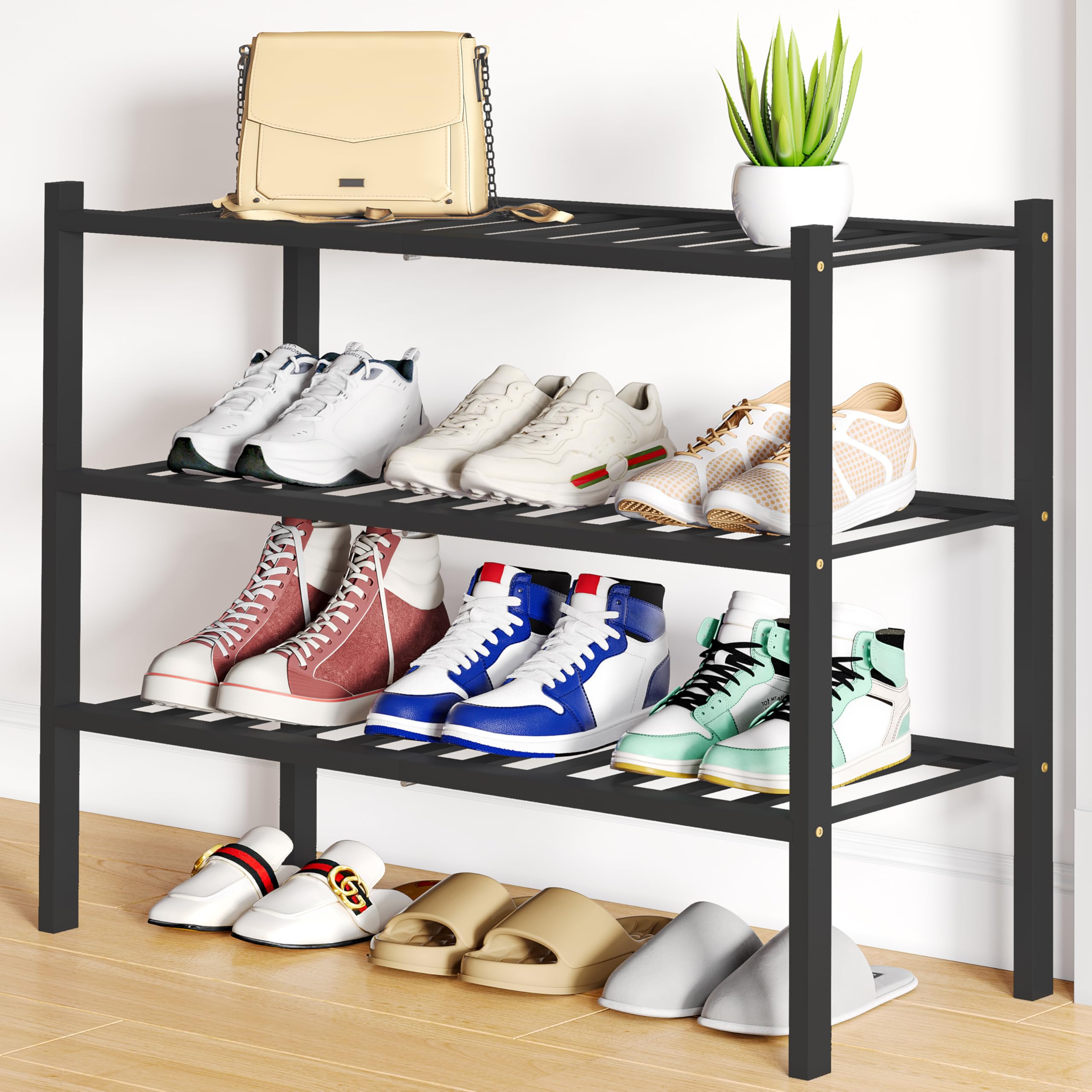 Smiry Shoe Rack, 3 Tier Bamboo Shoe Organizer, Stackable Free Standing Wooden Shoe Storage Shelf for Closet, Entryway, Front Doo