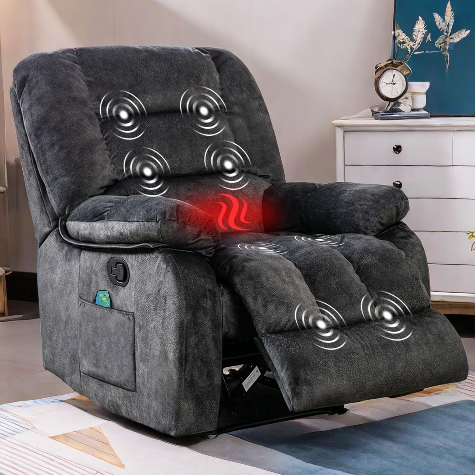 ANJHOME Overstuffed Massage Recliner Chairs with Heat and Vibration, Soft Fabric Single Manual Reclining Chair for Living Room B