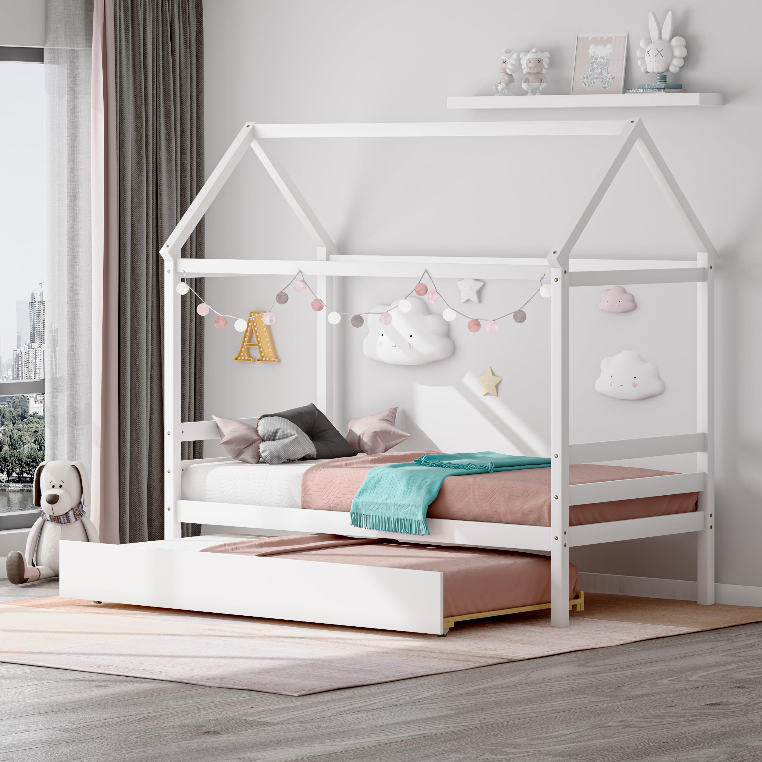 GORELAX Twin House Bed with Trundle, Wooden Bed Frame with Roof, Kids Twin Platform Bed Frame for Boys Girls Bedroom, No Box Spr