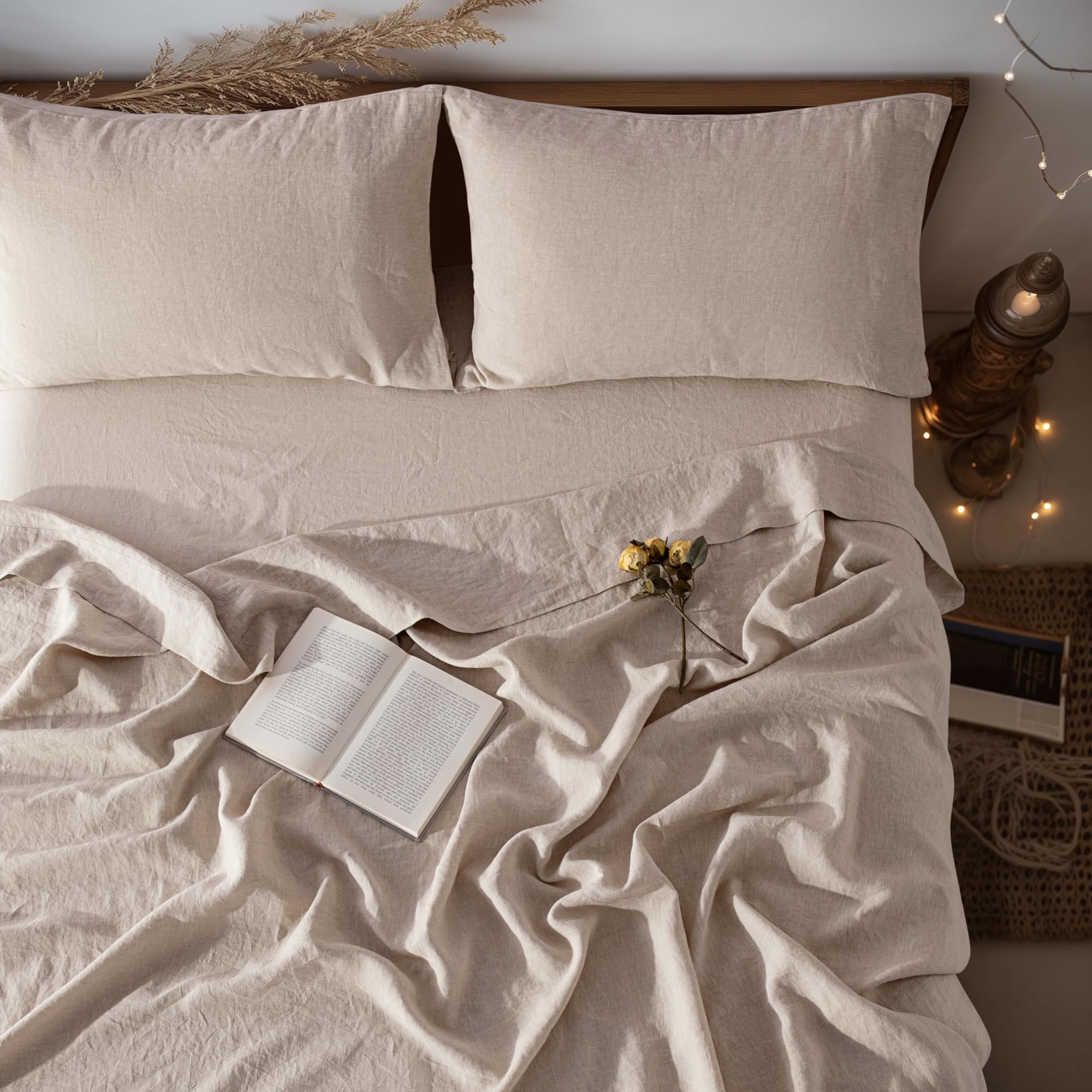 LBRO2M 100% Linen Sheet Set Twin Size,Bed Sheets 3 Piece Sets,Solid Color Natural Flax Bed Sheets Soft Breathable Bedding,16 Dee