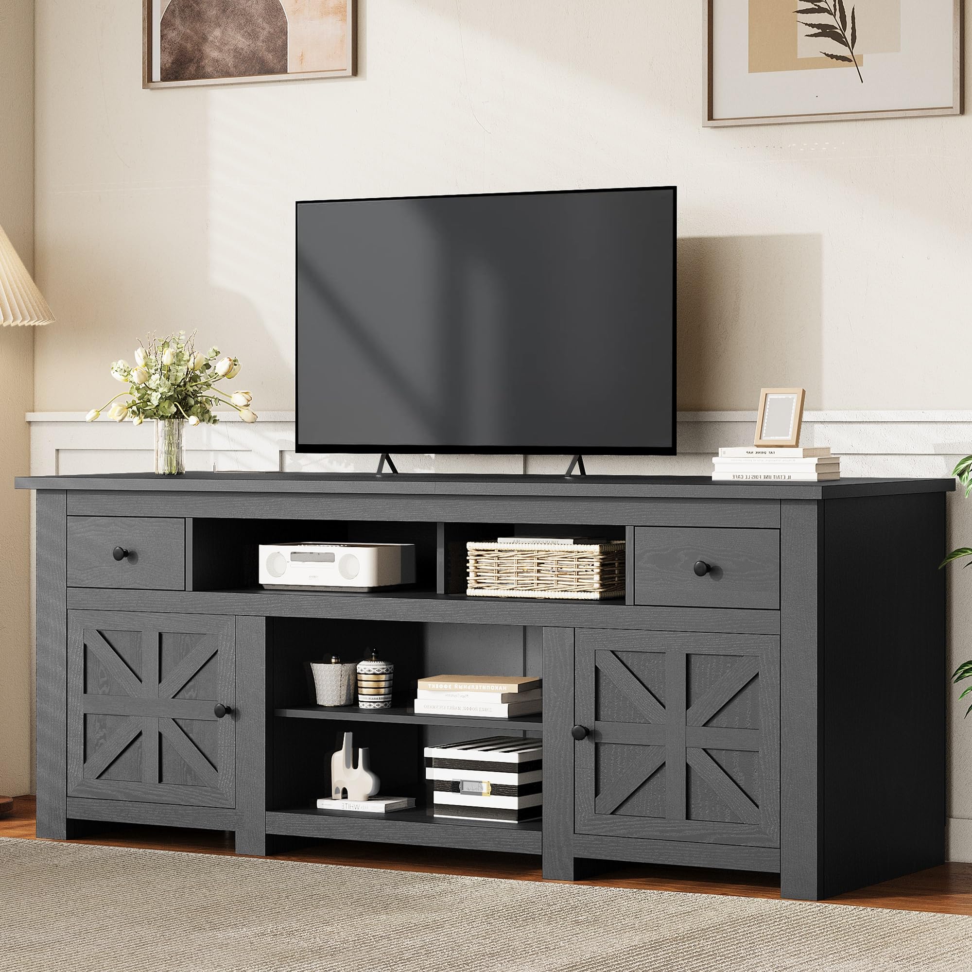 YITAHOME TV Stand for 75/80 Inch TV, Entertainment Center, TV Cabinet with Drawers and Power Outlet, Black TV Console for Living