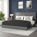 Flash Furniture Hollis Upholstered Platform Bed - Gray Faux Linen Wingback Headboard - King - Mattress Foundation with Slatted S