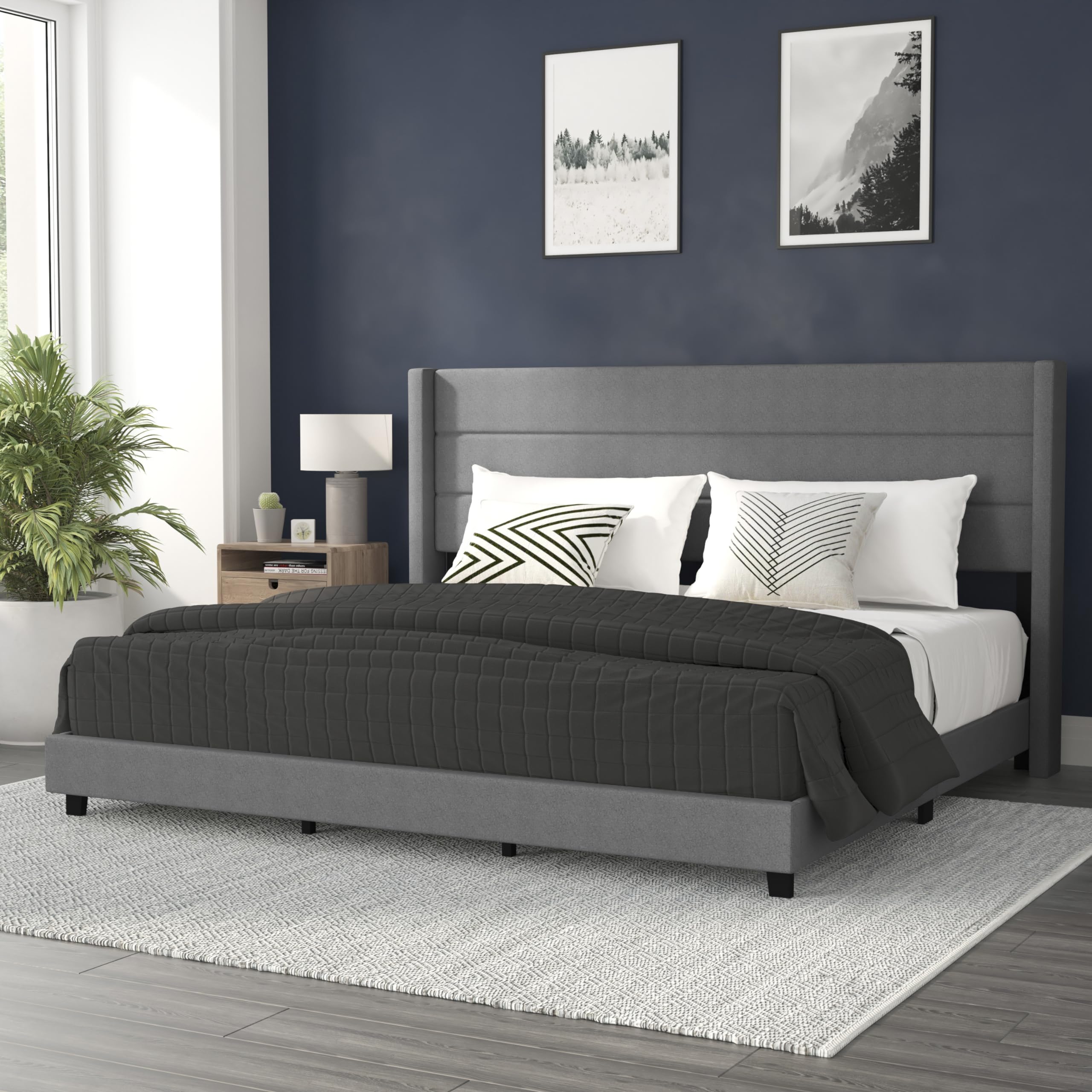 Flash Furniture Hollis Upholstered Platform Bed - Gray Faux Linen Wingback Headboard - King - Mattress Foundation with Slatted S